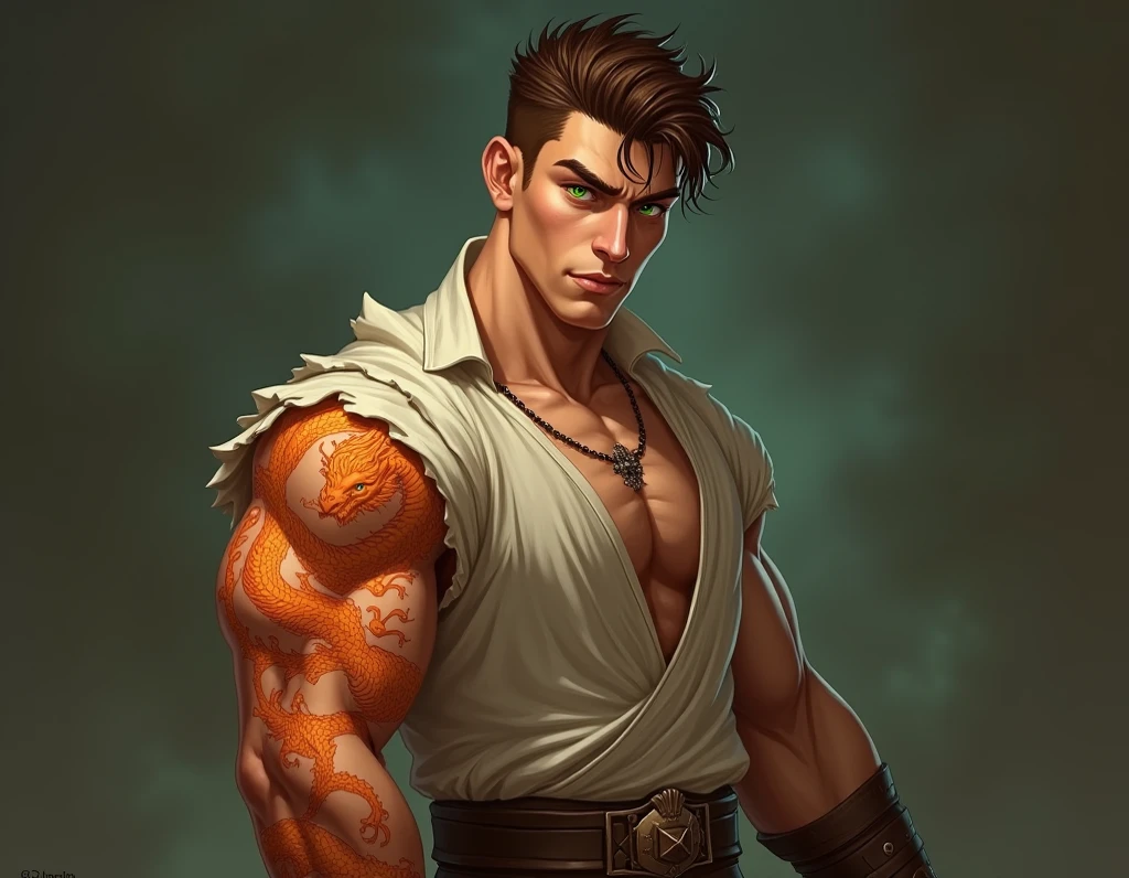 A very detailed fantasy illustration featuring a fit handsome masculine monk. He gaint prayer beads, the size of coconuts, around his neck. He has Chinese styled dragon horns