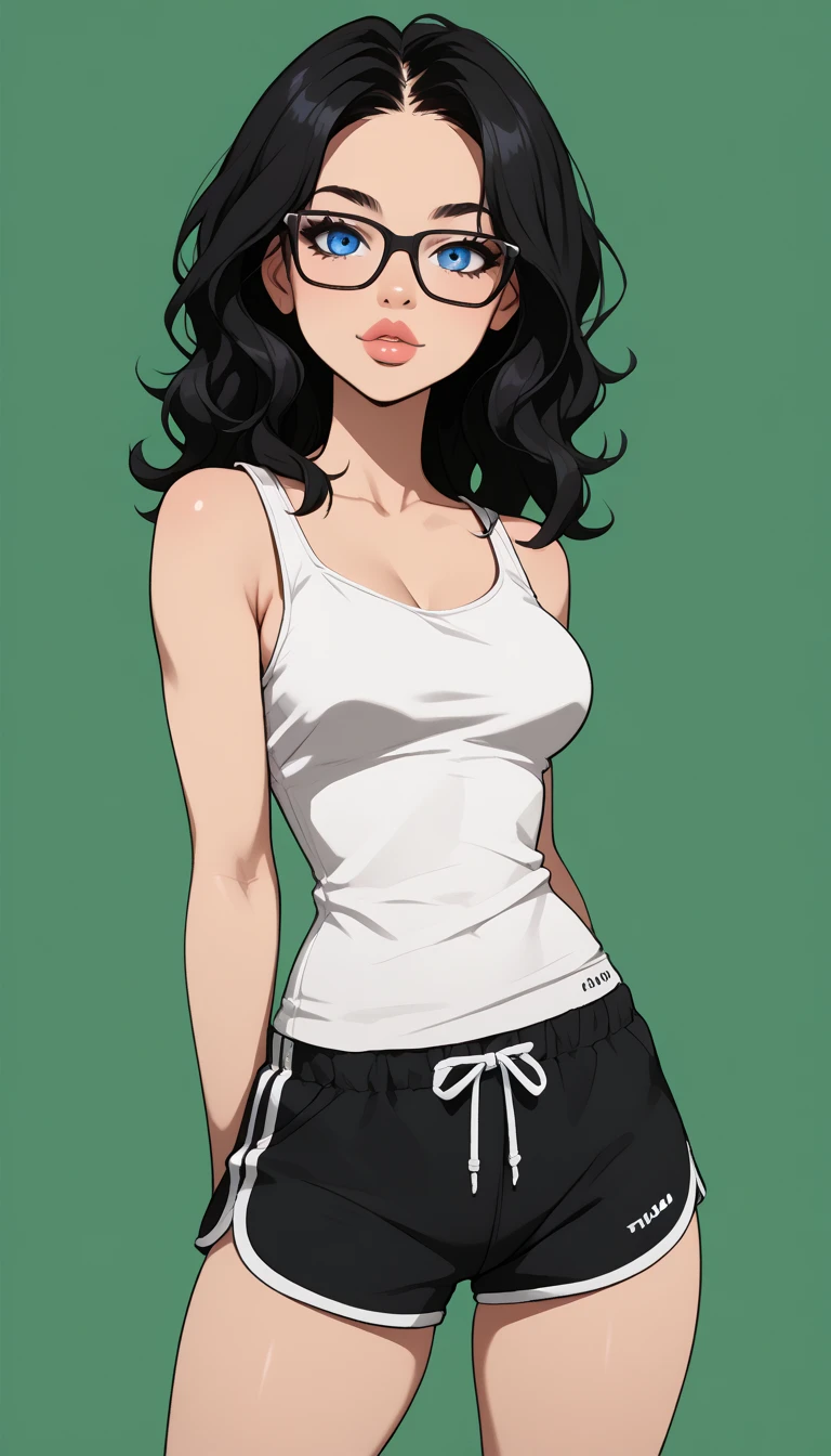 (  masterpiece ), ((( higher quality )), (super detailed), 1 , ( Long wavy black hair : 1.2), , anime, glasses,  white tank top and sexy black dolphin shorts, standing, Pose for TikTok , big blue eyes ,  full lips , gradient green background ,