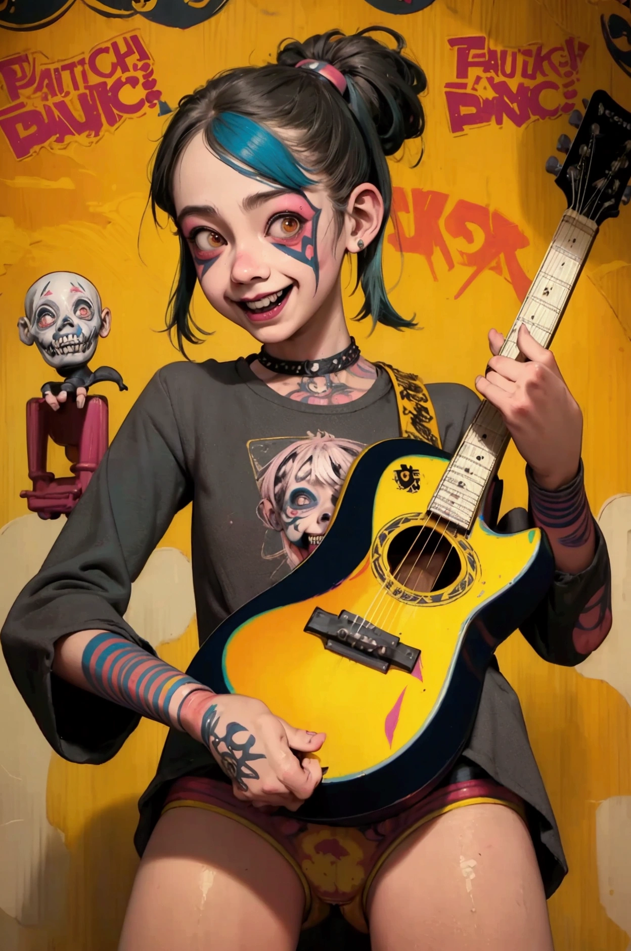 （nsfw）(( HARDCORE PUNK GIRL))、(( British Punk Rock Girl)), (( CIRCUS)), (( playing guitar )), Cartoon Style , Horror elements,  comic book style illustration, ( drawing style ), Japanese painting, whole body (spooky), Japanese carving,  primitive art ,  CIRCUS,  crazy illustration ,  flat illustration  , Happy smile, spookyな外観, Characteristic Disheveled Hairstyle , punk band poster 、Close-up of crotch
