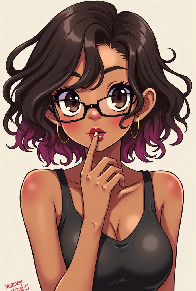 Amazing portrait of a cute and sexy woman with her black hair in a short bob hairstyle, cute but seductive eyes, perfect pink lips parted wearing glasses, long earrings, a loose oversized white t shirt falling off her shoulder emphasizing her bare shoulder and her medium chest seductively