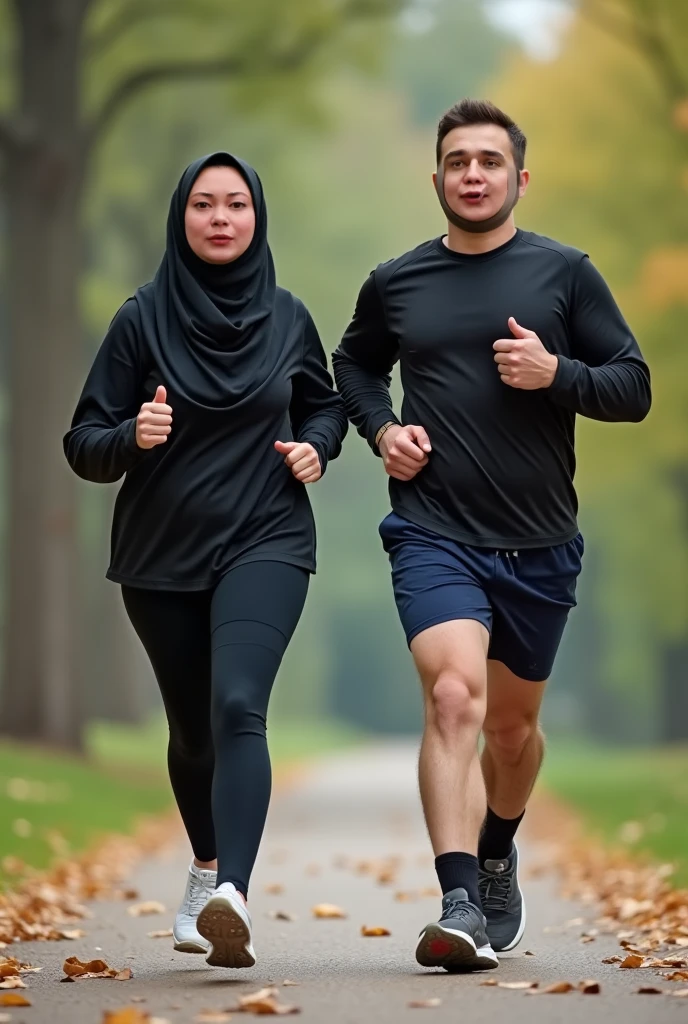 create for me a picture of a 50-year-old Malacca man in track pants jogging accompanied by four beautiful Malay women wearing Hijabista veils aged between 30 and 40 years old