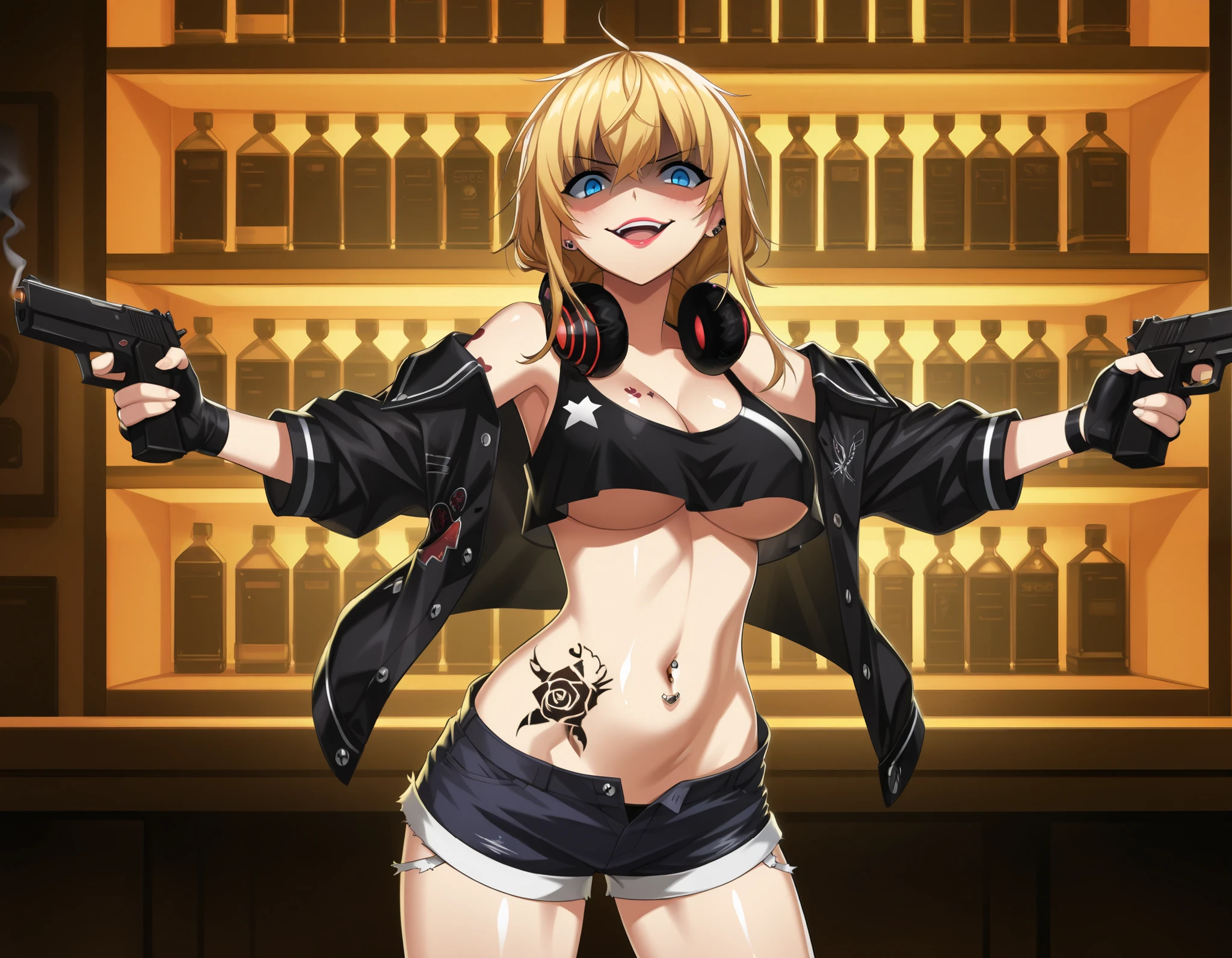 amy_firstwing, 1girl, blue eyes, , solo, , blonde hair, black gloves, headphones, fingerless gloves, headphones around neck, ear piercing, long hair, blush, lipstick,Hot girl, baddie, smoking, sensual, attractive, large breasts, bar background, inside bar,indoors, masterpiece,high quality,4k, bare
shoulder,belly,crop top,holding pistol,cleavage, unbuttoned shirt,shirt, knot, indoor,smile, open
mouth, (nsfw) not safe for work, evil expression, exposed belly, exposed navel, exposed midriff,
exposed lower belly, crop top overhang, underboob,jacket, unbuttoned shorts , low rise shorts,
Low rise shorts, Low rise shorts with open fly,, tattoo on body, tattoo midriff, rose tattoo, shiny skin, navel piercing, open arms sideway, arms T-pose, smirk, standing, anime girl T posing