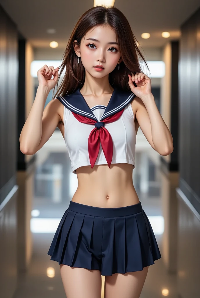 Breathtaking beauty, ( top quality, 4K, 8k,  high definition ,  Masterpiece  :1.2),  from the front:1.5,  Ultra Details, ( realistic , photo- realistic :1.331),  1 supermodel woman ,  beautiful Japanese woman, 両手に金属のバケツを掲げている:1.8,  slender body:1.8,  Thin Waist:1.331, Thin limbs:1.331,  anatomically correct proportions:1.331,  anatomically correct limb:1.331,  has a small head:1.331,  latex smooth Japanese high school sailor suit:1.21,  latex smooth tight sailor suit with metal buckets raised on both hands ,  you can see your belly button , latex navy miniskirt , Brown Hair,  wavy hair ,  brown eyes, bright pink lips ,  thin sharp brown eyebrows , Anxious face, , Modern Portrait , Hallway wall, Light leaking from the shade, extreme detailed description,  professional ,  bright color, Perfect composition , Proper placement, Golden Ratio,
