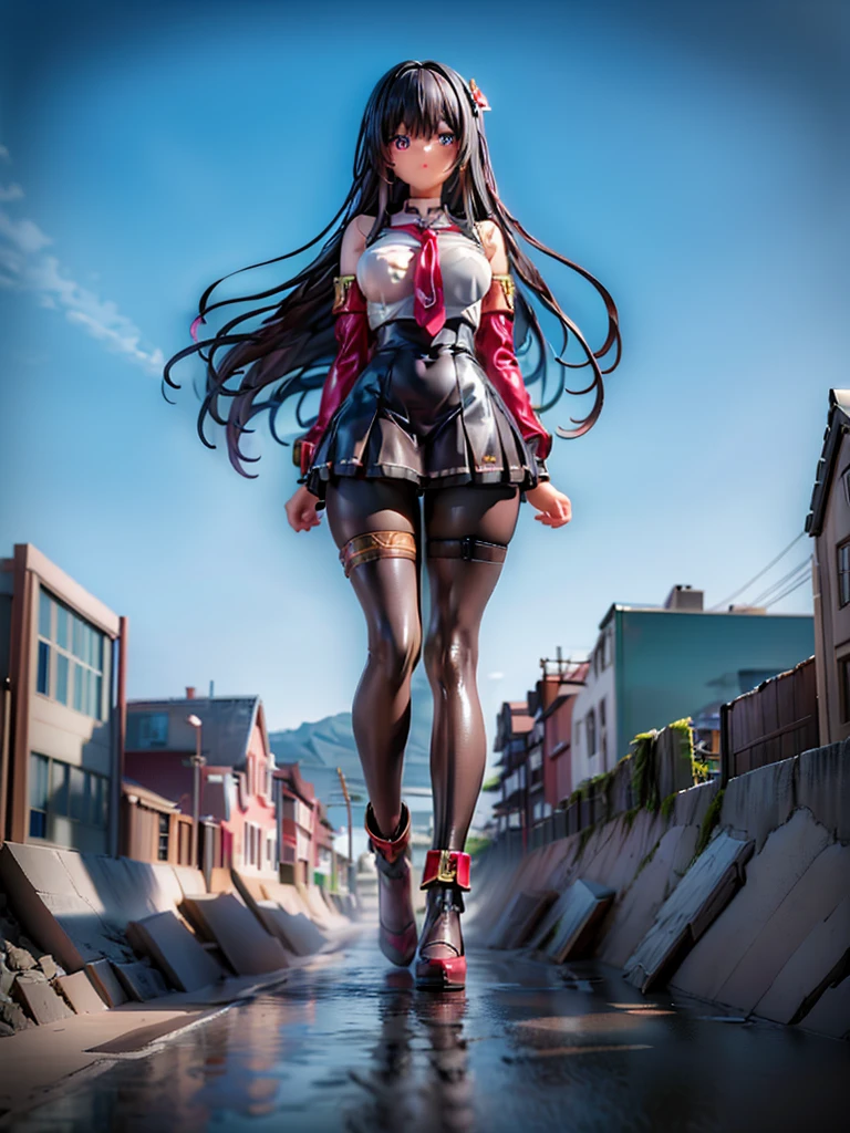 Whole body Description、((((Fisheye Lens))))、((((looking at the camera))))、Embarrassed、Building fire、City boulevard、Traffic jam、Lots of cars and buses、street tree、Pedestrian bridge、City of Rubble、Ruins of rubble、Knee-high socks、((((Frilled maid outfit)))),Giant Girl 50,000 feet high,Weight: 1000kg,,Elf with pink earrings,She has long hair that reaches down to her feet,Hair loss,Wavy long curly hair,Wearing boots,Lace gloves,Pink lace whole body,Standing tall in a small town,Beautiful appearance,Exquisite makeup,quality,8k,High quality,Perfect Proportions, Cinema Lighting,Film Grain,The Colors of Fuji,8k,Textured skin,Super Details,Attention to detail,High resolution,False Smile,Bloodstain,Bloodstain on the soles of feet,whole body,obesity,Elf Princess,((((Giant girl gracefully sits on top of a broken skyscraper in the city、))))、(((Super huge breasts)))、((Plump thighs))、Chest、Sweat makes clothes transparent