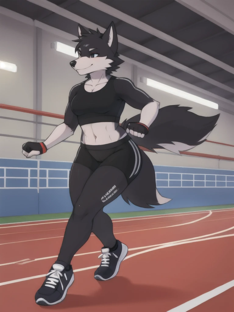 girl, wolf, anthro, slender, furry arms, (serious expression), ((Protruding hip bone)), robotic digitigrade legs and feet, furry tail, ((protruding rib bones)), track and field, lace track outfit, focus on rear, bending over, view from behind,