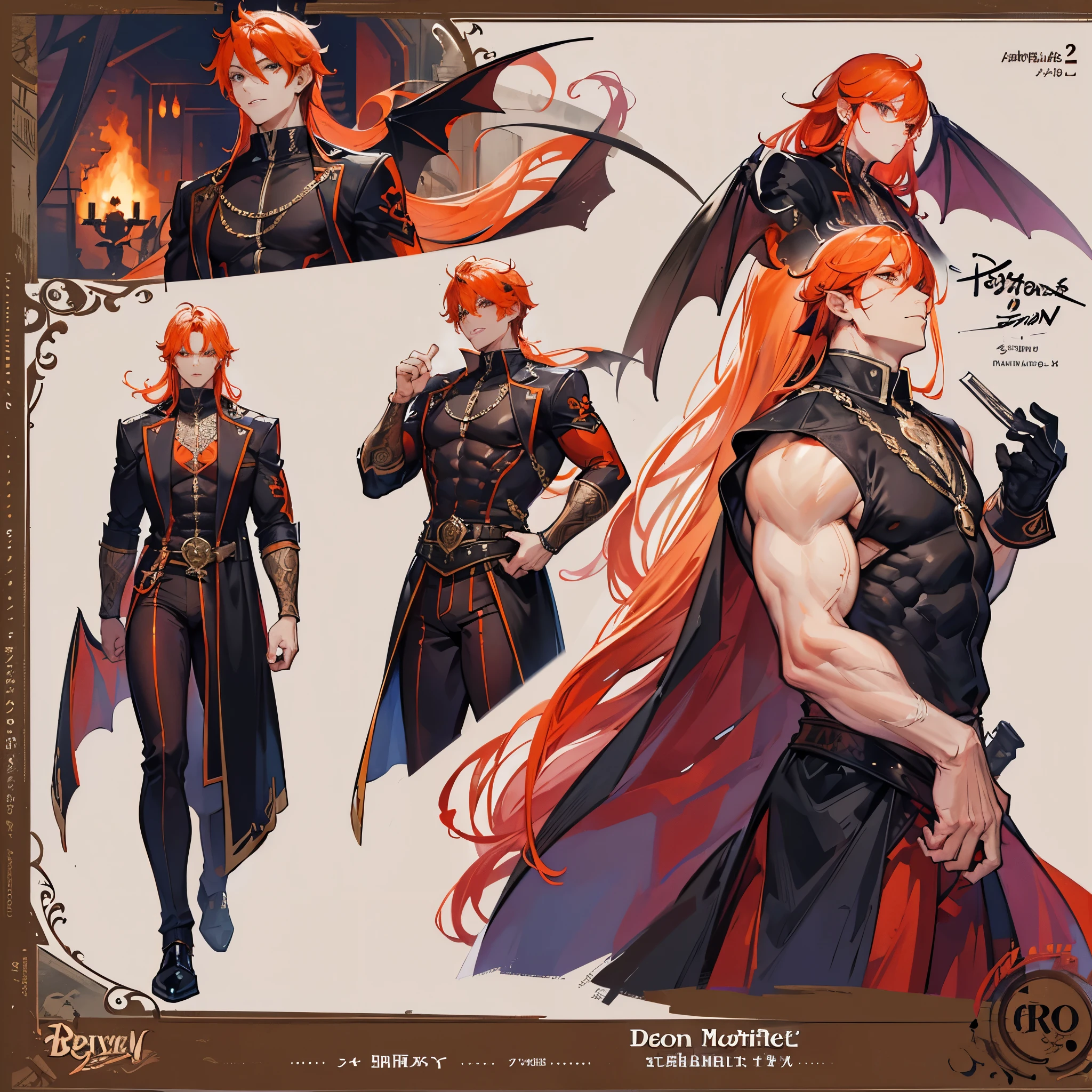 (Masterpiece, best quality), detailed, 1 man, ((character concept art)), ((character design sheet, same character, front, side, back)), full body, body complete, 1 Male demon, 1 Man demon, Detailed face, character design sheet,full bodyesbian, Highly detailed, character sheet, character design, Many parts, dark skin, demon wings, long orange hair, demon outfit, muscle male god, male clothes, masculine, muscle man, male muscle, manly, male demon, Muscle male long orange hair,beautiful man, beautiful muscle man, abs, pectoral muscle
