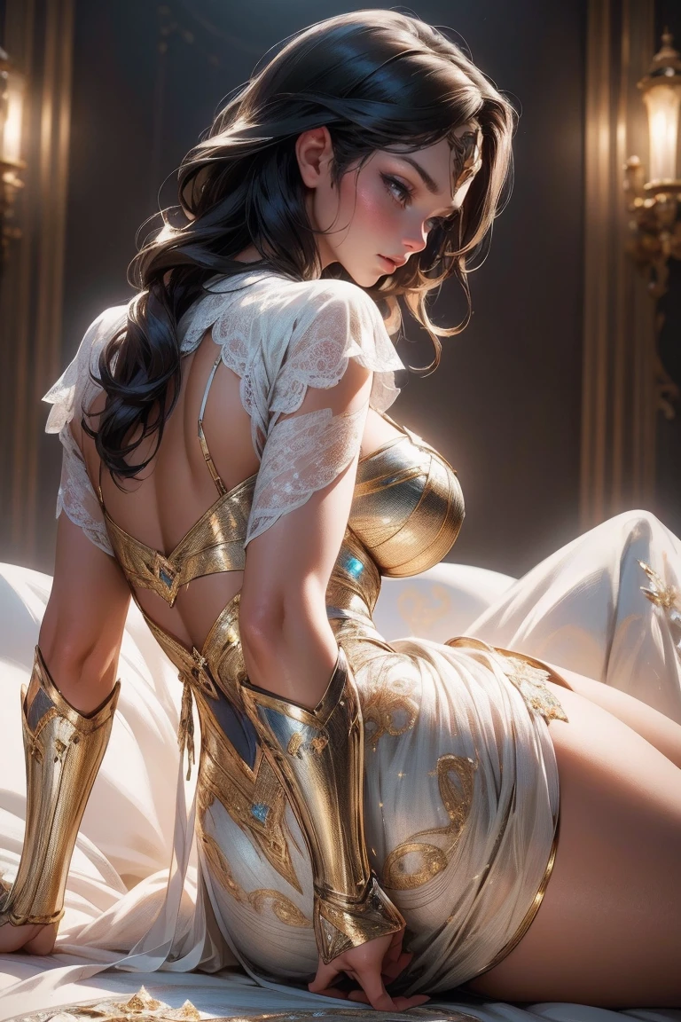 Araffe mujer con un traje dorado acostado en una cama, Artgerm extremadamente detallado, WLOP y Artgerm, WLOP y Krenz Cushart, Como se ve en Artgerm, Arte WLOP, Krenz Cushart y Artgerm, Artgerm y WLOP, Modelo IG | Artgerm