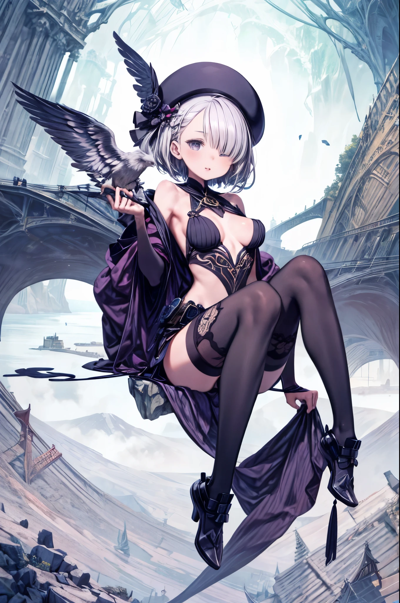  ((best quality)), ((masterpiece)), (detailed), 1girl, NSFW, long white grey hair, grey white eyes, very skinny, detailed, best quality, prominent collarbones, skinny arms, flat stomach, visible hip bones, small breasts, full body, red and white clothing, occult aesthetic, occult, detailed and intricate steampunk and detailed gothic, NSFW, Fluttering lace flared long knee length dress with frilly petticoats, knee length dress, pleated petticoats, petticoats gothic, complex lace boots, gothic aesthetic, wielding a mighty sword with mechanical components, mandalas, small breasts, a fairy, various different types of insect wings, bug wings, beetle wings, NSFW, full body, whole body, body, chains, 