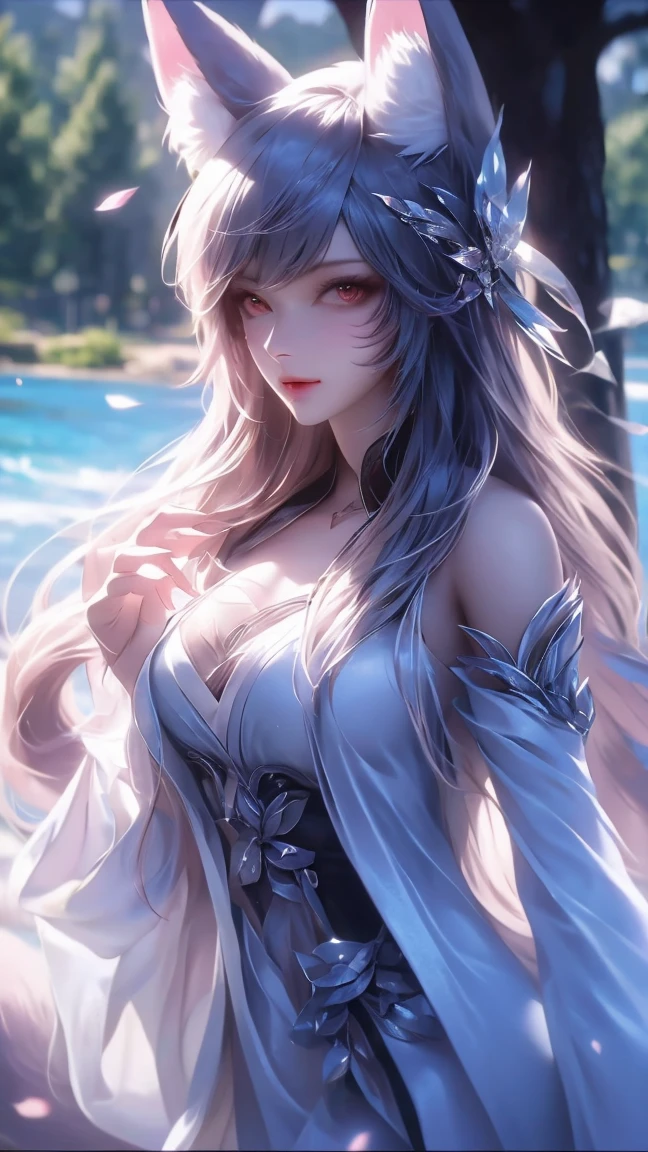  High Resolution ,  high detail,  High Quality ,:Icefield， Sea of Trees，A Chinese nine-tailed fox ，Bangs,silver long hair, Completely naked， unclothed ， reveals its fur in the central part，Smile， watching people 