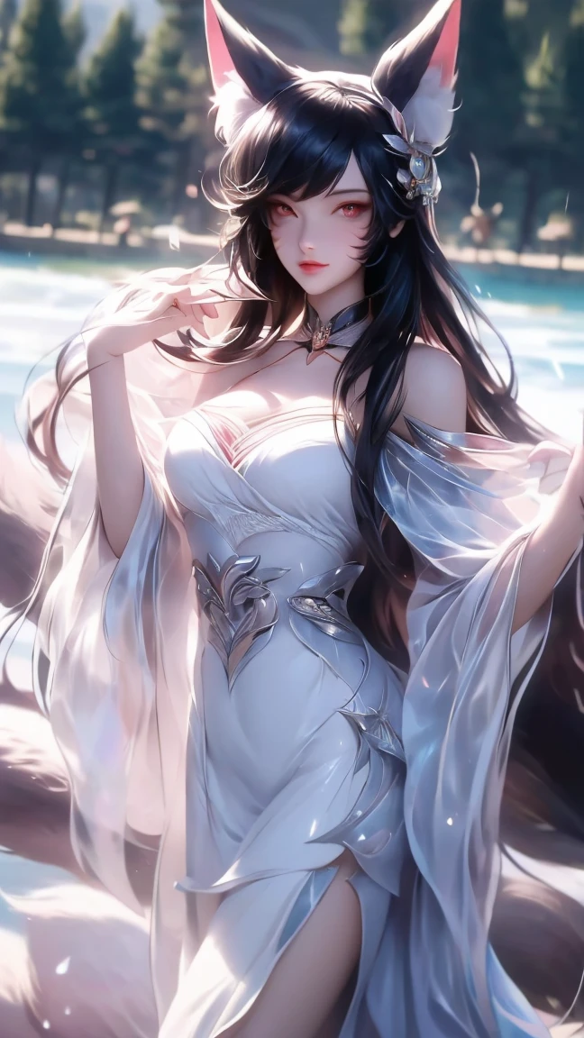  High Resolution ,  high detail,  High Quality ,:Icefield， Sea of Trees，A Chinese nine-tailed fox ，Bangs,silver long hair, Completely naked， unclothed ， reveals its fur in the central part，Smile， watching people 