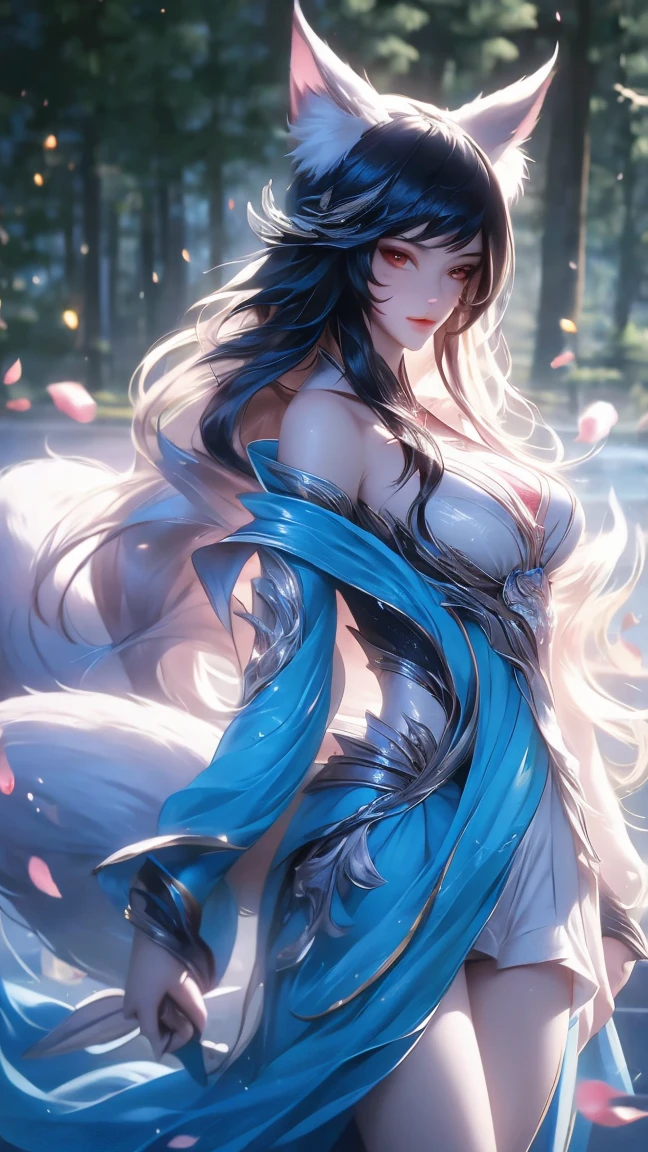  High Resolution ,  high detail,  High Quality ,:Icefield， Sea of Trees，A Chinese nine-tailed fox ，Bangs,silver long hair, Completely naked， unclothed ， reveals its fur in the central part，Smile， watching people 