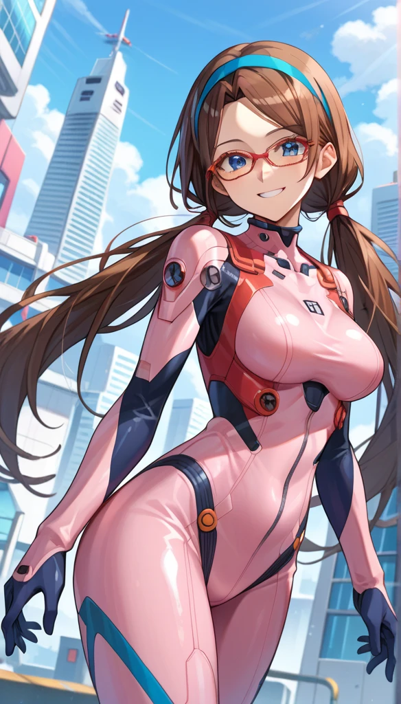 score_9, score_8_up, score_7_up, source_anime,
marimakinami, mari makinami, long hair, brown hair, twintails, low twintails, hairband, blue hairband, blue eyes, parted bangs, smile, mature female,
bodysuit, mecha, science fiction, red-framed eyewear, pilot suit, plugsuit, pink bodysuit,
outdoors, cityscape,
looking at viewer, cowboy shot, dutch angle, dynamic pose,