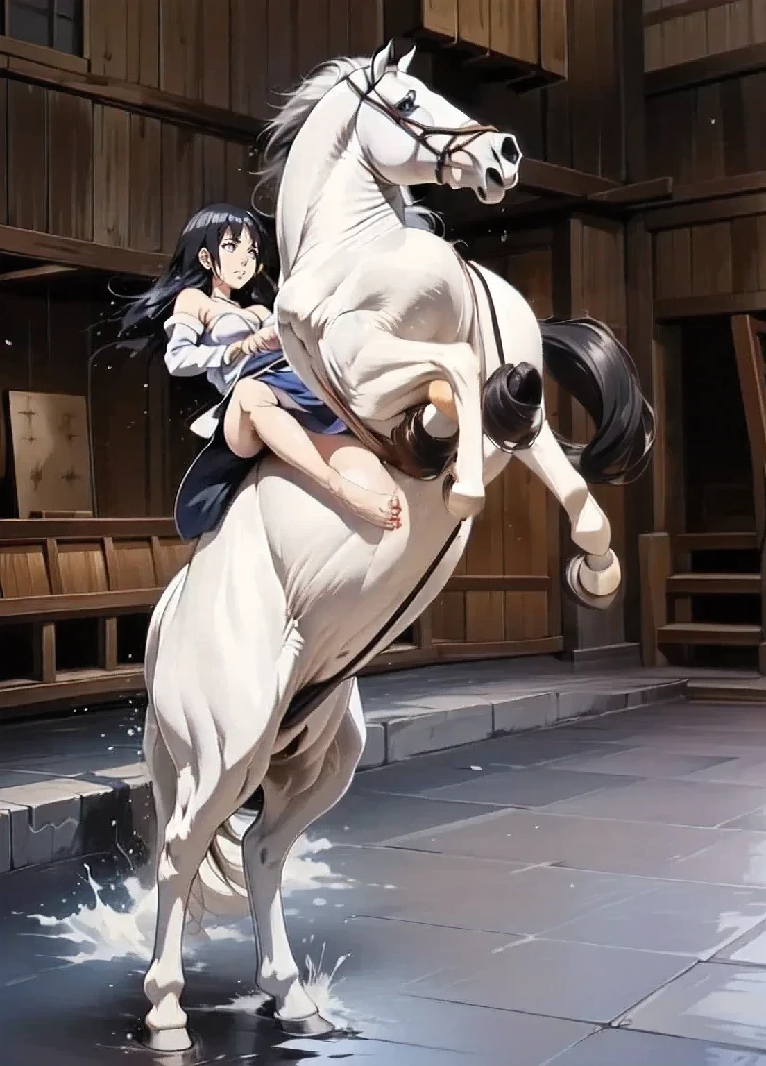 one girl, human girl, black hair, kimono, white kimono, scarlet hakama, torn kimono, on all fours, bicorn, one giant horse, giant black horse, sex with giant horse, doggy style sex, hard sex, penis as thick as an arm, dick as thick as an arm, (huge penis: 1.6), in girl's pussy, girl's belly bulging with dick, loads of cum, outdoors, in the forest