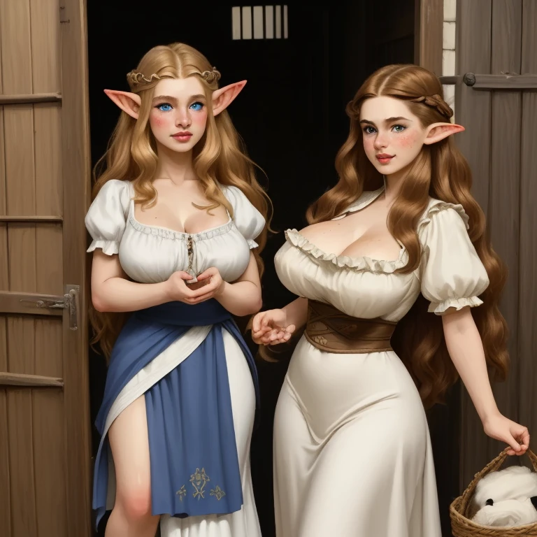 FIRST WORK, detailed art, Solo female elf , humble peasant , shaggy brown hair , long hair, pointy ears, Blue Eyes,freckles, thin lips,smiling, yellow teeth ,  round face, wearing white short-sleeved t-shirt with dirty silk ruffles,exposed cleavage, long round skirt ,Huge breasts ,  WIDE HIP,  thick thighs , chubbie-style , bare feet ,white pele, milky and silky ,morbid tone , standing against a gate near the stable , two cows on the side .