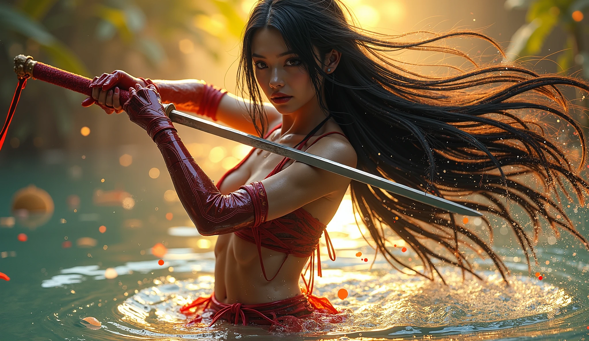 (obra maestra) (La mejor calidad) A spectacular image in front of the protagonist in a third-person image at a somewhat elevated angle. En un arrozal, A ninja with supernatural powers runs through the water with a small sword in each hand.. She wears her very long hair tied in a ponytail with curly strands flying behind her giving a beautiful sense of speed......