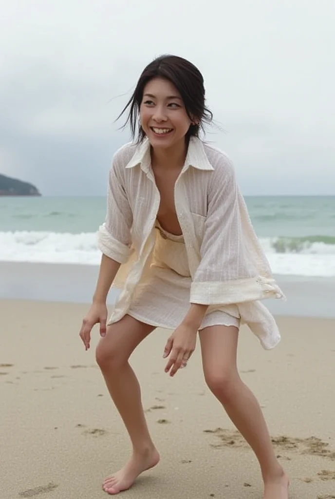   low angle shot  、  forward leaning position、  open shirt  、No underwear clothes  、  skirt flips in strong wind、  one girl 、barefoot、  beach  、smile