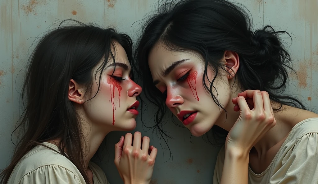 Best quality, masterpiece, ultra high res, (photorealistic:1.4), raw photo, 1girl, 1man, girl close eyes, man opened eyes and looking at girl, bloody face, white dress, off shoulder, glowing skin, perfect simetris eyes