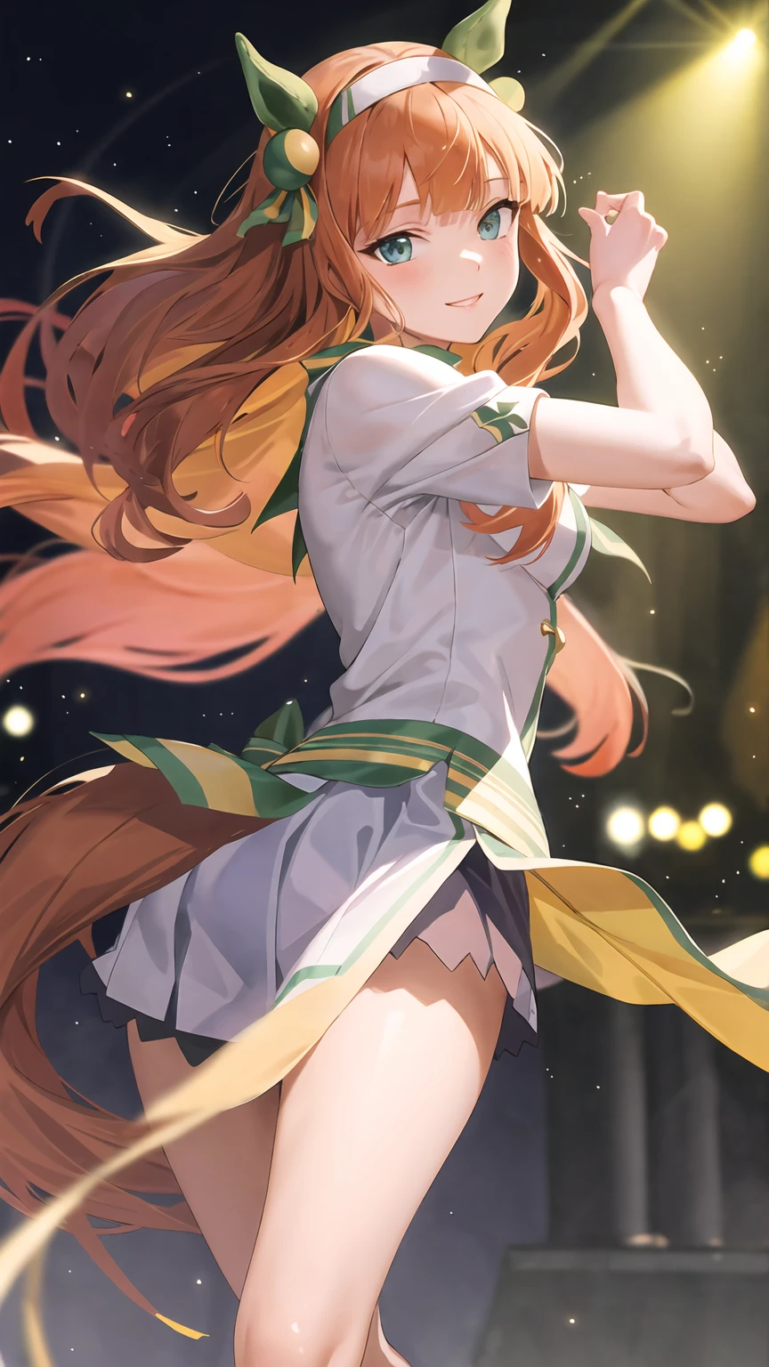 (sexy dance show:1.2),(skirt tug,wind lift:1.5),silence suzuka \(umamusume\),good anatomy, masterpiece, best quality,realistic, hyperrealistic, 16k hdr,(red blush,smile:1.2),(Live Stage:1.3),(see through costume:1.2),Stage costumes,Horse tail,ultra miniskirt,navel,micro panties,show off clearvage,erected nipples,sweat,large breasts,upper body,strong wing And between open leg