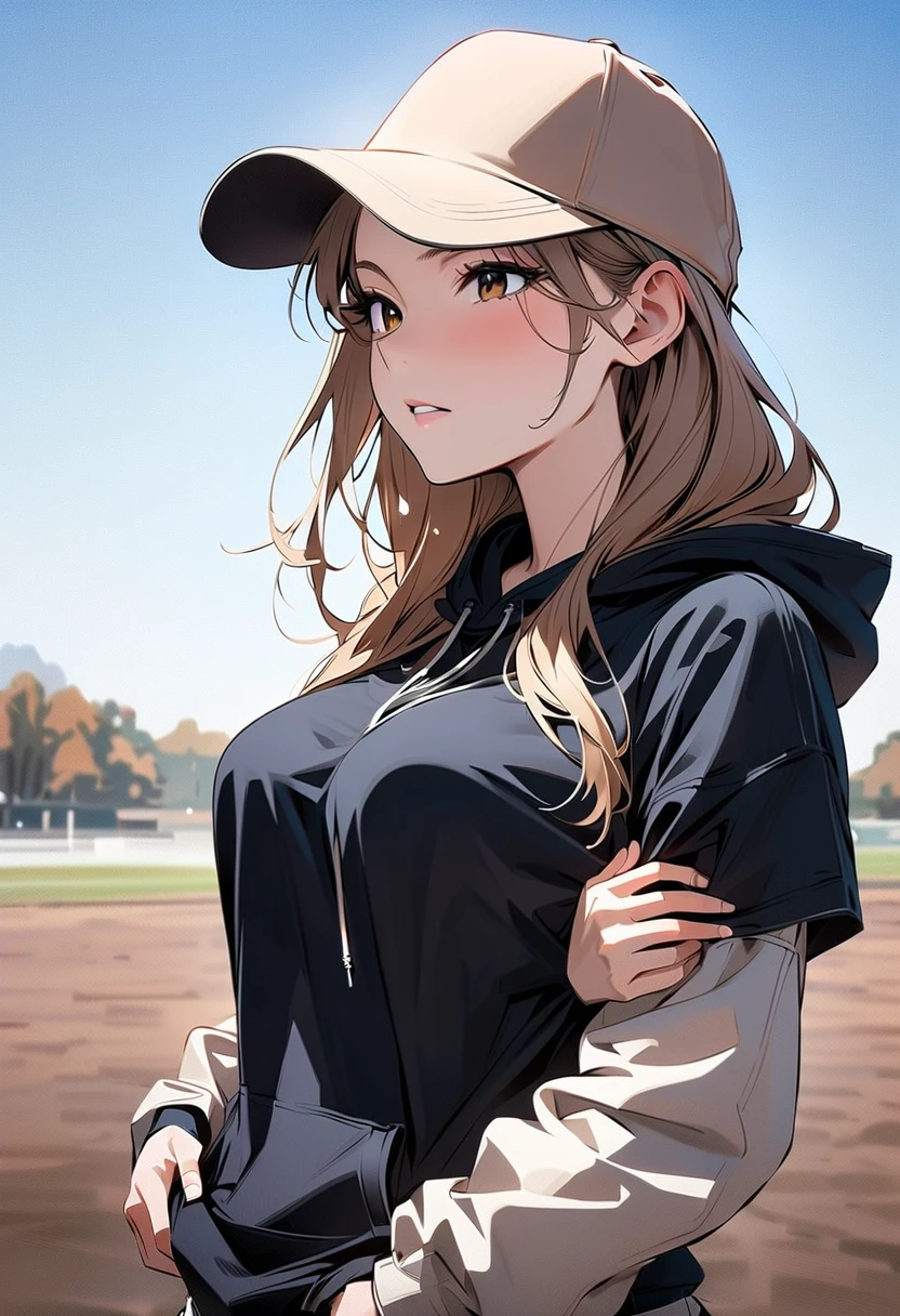 (masterpiece,  top quality:1.2), Woman 1,  light brown hair,  Brown Eyes , Baseball cap, comfortable hoodie, grope, groping female 