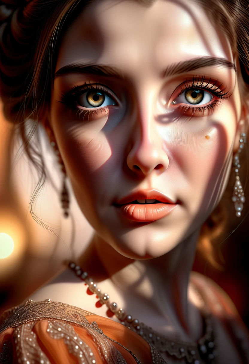 realistic, photorealistic, 1 woman, beautiful detailed eyes, beautiful detailed lips, extremely detailed face and portrait, long eyelashes, elegant dress, cinematic lighting, warm color tones, dramatic lighting, fantasy, digital art, 8k, best quality, hyper detailed, intricate details, masterpiece, vibrant colors, volumetric lighting, soft focus, natural skin tones, as if an oil painting