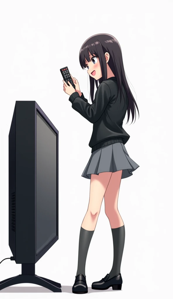 An anime style girl with a TV on her head with her legs up showing her feet and touching her vagina and breasts and has black socks on her feet