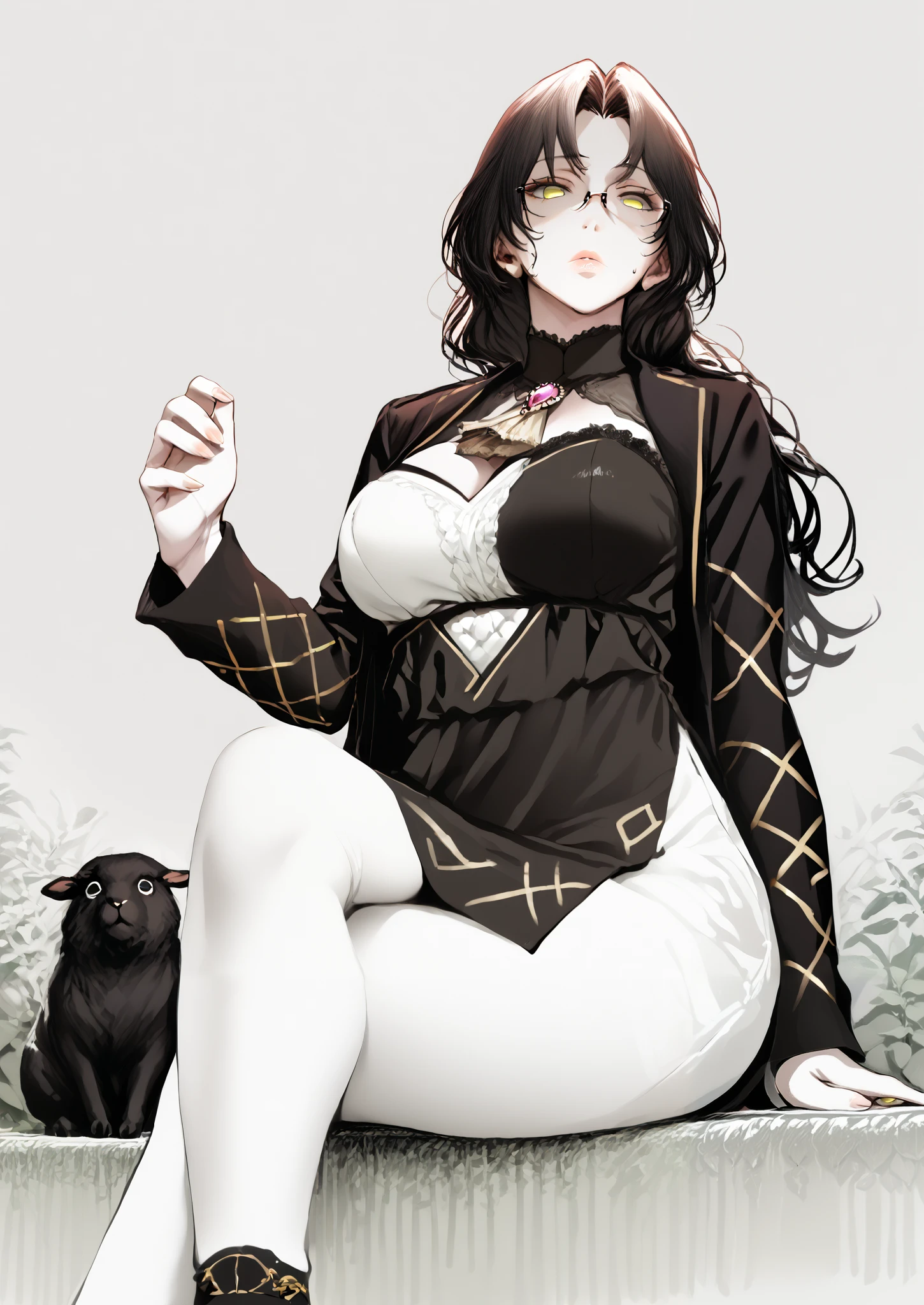 (neisan style:0.7), score_9, score_8_up, score_7_up, score_6_up, dominique de sade, long hair, black hair, parted bangs, yellow eyes, (skindentation:1.2), (thick:1.2), BREAK (perfect hands, perfect anatomy), beautiful detailed eyes, beautiful detailed lips, extremely detailed face and portrait, elegant expression, soft warm lighting, volumetric lighting, cinematic composition, detailed environment, lush garden, vibrant colors, intricate details, masterpiece, high resolution, digital painting, excessive sweating, sweating profusely, sweating drop, gasping, heavy breathing, hollow eyes BREAK, 1girl, breasts, glasses, medium breasts, cropped_jacket, dress, jacket, thighs, short_dress, sheep, looking_at_viewer, sitting, open_jacket, long_sleeves, open_clothes, crossed_legs, cleavage, hood, hooded_jacket, tatami, expressionless, shaded face, 