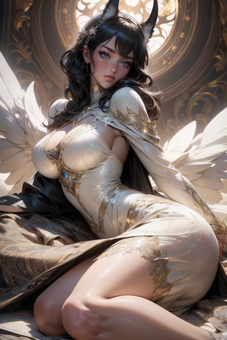 8K resolution, masterpiece, Highest quality, Award-winning works, unrealistic, From above, erotic, sole sexy lady, healthy shaped body, Anatomically accurate skeleton, 22 years old, black mage, 170cm tall, huge firm bouncing busts,, white silver long wavy hair, Detailed facial depictions, Break, Mysterious blue eyes, Standard nose, Eyeliner, pink lips, sexy long legs, Transparent and shiny skin, holy knight, Gothic ruffle long dress, A dress with a complex structure, Seven-colored colorful dress, Clothed in flames, royal coat of arms, elegant, Very detailed, Delicate depiction of hair, miniature painting, Digital Painting, artステーション, コンセプトart, Smooth, Sharp focus, shape, artジャム、Greg Rutkowski、Alphonse Mucha、William Adolphe Bouguereau、art:Stephanie Law , Royal Jewel, nature, Symmetric, Greg Rutkowski, Charlie Bowwater, Unreal, Surreal, Dynamic Lighting, ファンタジーart, Complex colors, Buddhist Mandala, Colorful magic circle, flash, dynamic sexy poses, A kind smile, Mysterious Background, Aura, A gentle gaze, BREAK, Small faint lights and flying fireflies, night, lanthanum, 山の頂From above下界を見下ろす, Starry Sky, milky way, nebula, shooting star, Flowers, birds, wind and moon, (Back view, Looking back towards the camera:1.3), chant healing magic, A pillar of light stretching to the sky, Laser beam, Climb the stairs to heaven
