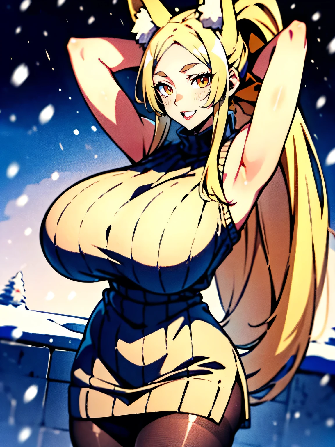 masterpiece, best quality, extremely detailed, 1girl, milf, solo, Yasaka_NDV, (huge breasts:1.5), ((((blonde hair), very long hair, ponytail, yellow eyes, slit pupils, fox ears))), parted lips, (((sweater dress, sleeveless, pantyhose))), ((light smile, sadistic, smirk), closed mouth), ((arms behind head, outdoor, winter, snowing))