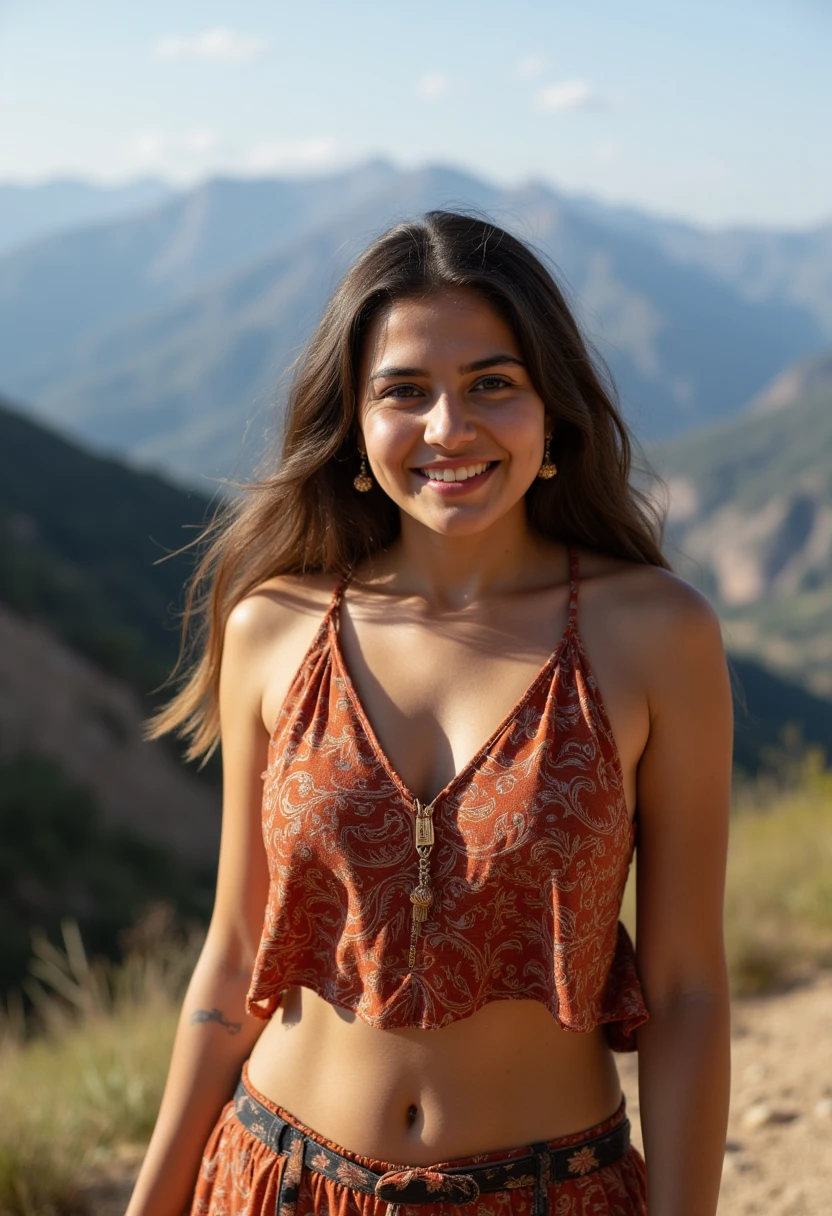 centre composition. subject low in picture. 40 year old curvy, plump, Mexican woman, smiling, detailed features, wrinkles showing the wisdom of years well lived. alluring sexy sensual woman wearing, loose, causal outdoor clothes, standing on high hilltop above Mexican village. vintage photograph. 8k cinematic. hyper-realistic. 