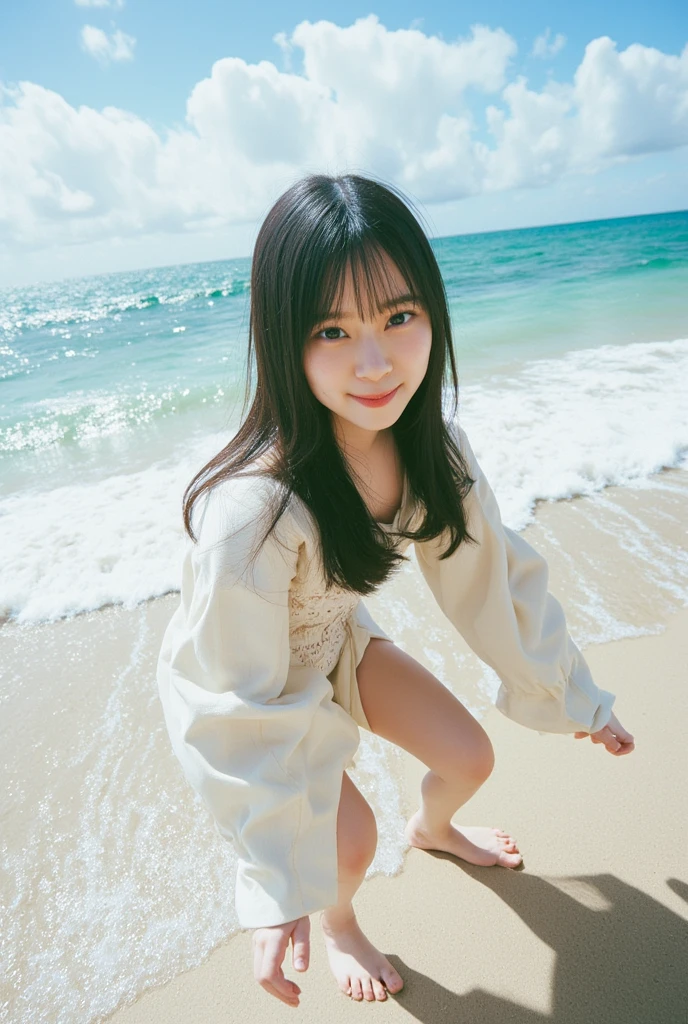   low angle shot  、  forward leaning position、  open shirt  、No underwear clothes  、  skirt flips in strong wind、  one girl 、barefoot、  beach  、smile