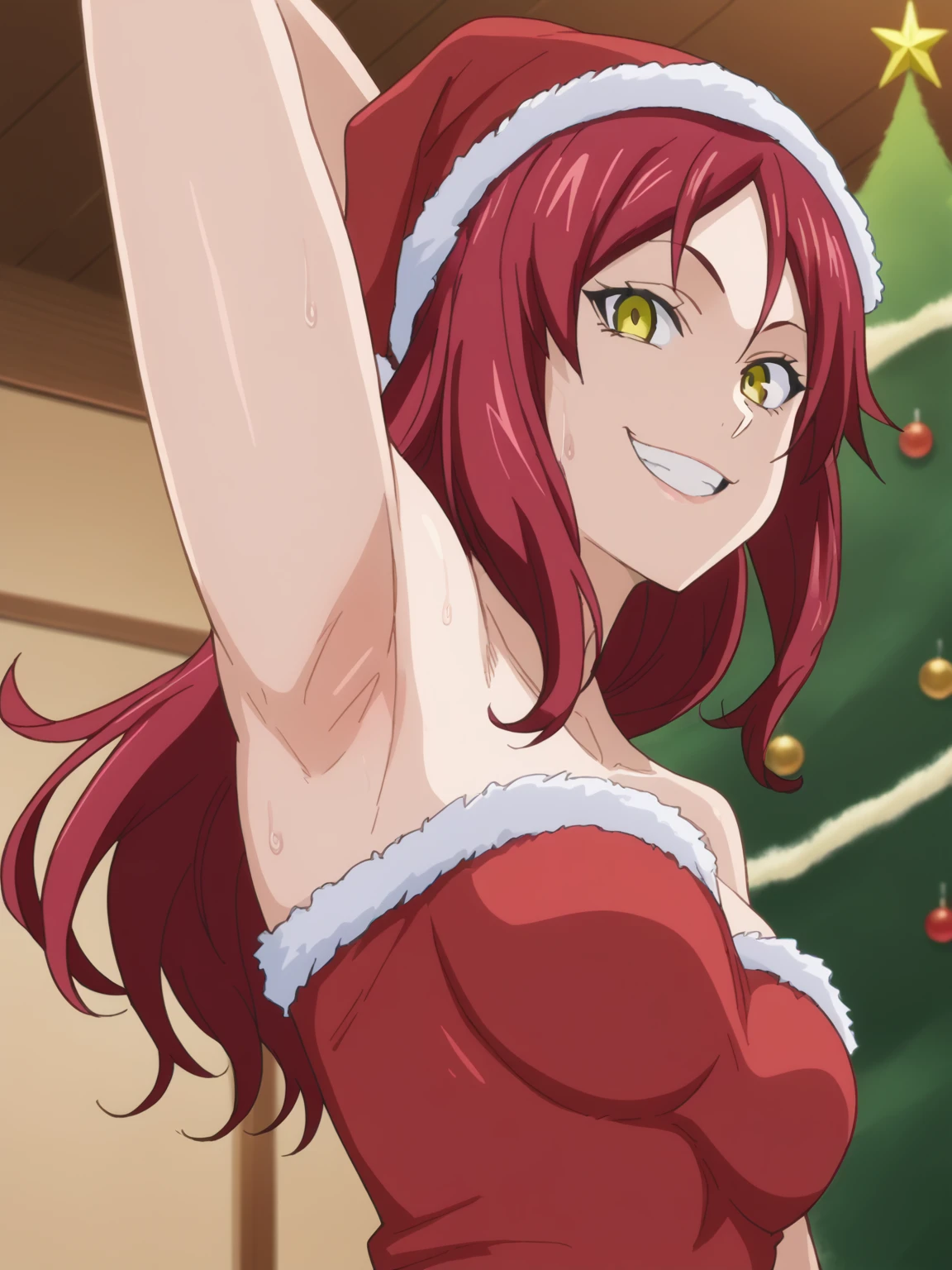 score_9, score_8_up, score_7_up, source_anime, anime screencap, 1girl, solo, rindou kobayashi, long hair, red hair, yellow eyes, parted bangs, Santa costume, red costume, strapless, Santa hat, arm up, raised arm, armpit, looking at viewer, head towards viewer, smile, teeth, badhandv4, indoors, Christmas tree, from side, from below, pinning down viewer, sweaty armpits 