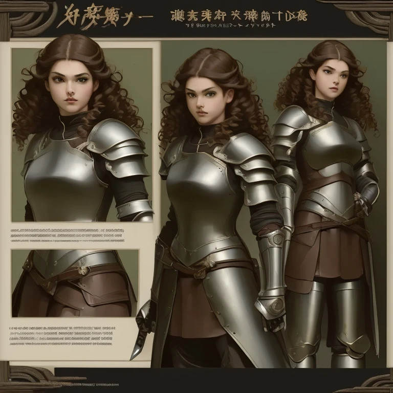 (((  masterpiece ))),((( best quality))), (( character design sheet , same character)),  character design sheet ,  character reference sheet,   similar to kemono, girl swordsman,  curly brown hair , leather and iron armor ,  medieval clothes,  wielding a sword , bold face ,  game character ,  RPG character , fighting pose, Green highlights in hair,  anime character , 8k, impressive quality