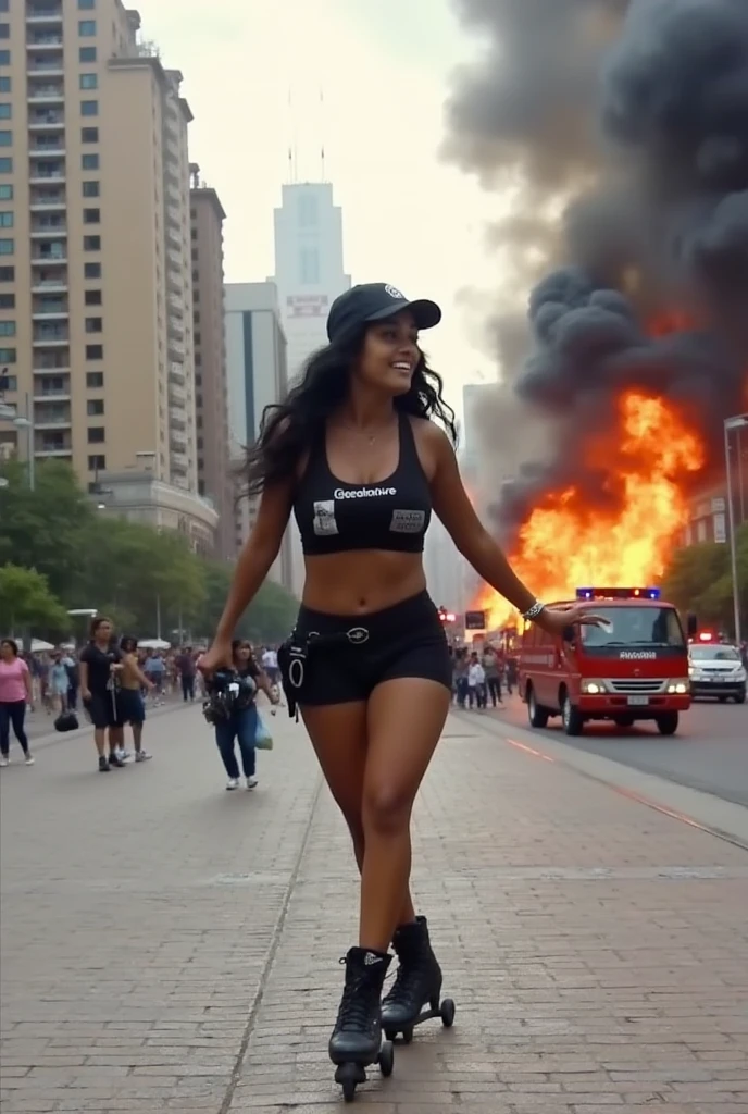  Wide angle image of the sidewalk next to the road with traffic . In the background,  there are tall buildings on fire , Fire Trucks,  and the sky is hazy with smoke . 

 A beautiful smiling woman looks at the viewer .  He looked at the burning buildings around her . scared face,  long black hair ,  Big breasts ,  narrow waist,  wide hips,  big round ass , top cropped, shorts,  wearing a hat and protective equipment , skates,  and glasses . Reporter holding a digital camera

She crouched down and ran quickly on her skates on the sidewalk. 

 There is a logo with the word 'ArteaNature' on the chest of the shirt. 

 full body  ,  SLOPED ANGLE  ,  photo at a low angle

There is a small logo with the letters' @Artesanaturestore'  ( in cursive and capitular font , Pink text  ,  white text surrounding ) In the lower right corner of the image. 