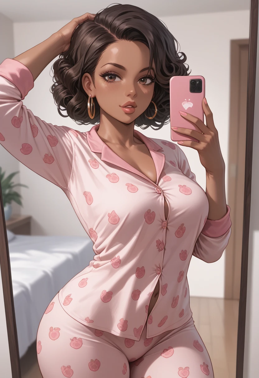 1 person in image. Almond-eyed Dark Mocha-skin tonned African-American woman with Short dark curly hair, juicy lips, a large chest, thick thighs, Perfect hands, and perfect feet . She is standing with her ass in the foreground She is wearing open Pink short sexy  pajamas while taking a mirror selfie.