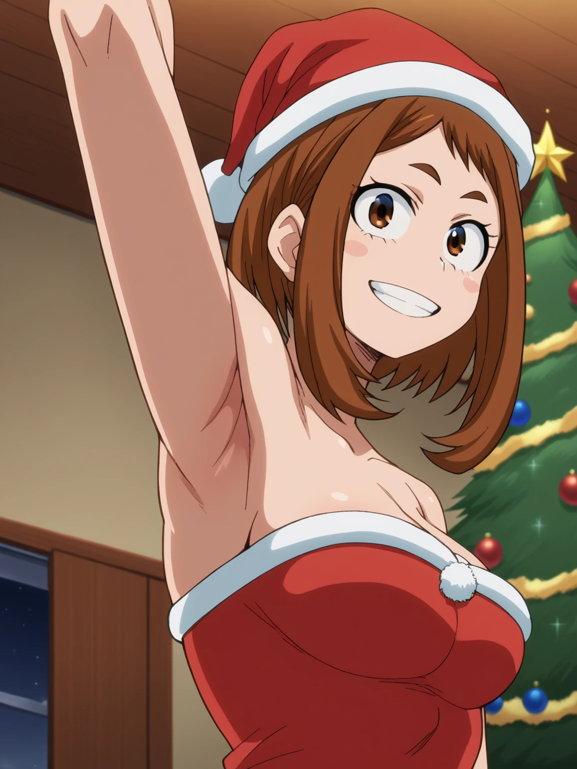 score_9, score_8_up, score_7_up, source_anime, anime screencap, 1girl, solo, uraraka ochako, short hair,brown hair, brown eyes, parted bangs, Santa costume, red costume, strapless, Santa hat, arm up, raised arm, armpit, looking at viewer, head towards viewer, smile, teeth, badhandv4, indoors, Christmas tree, from side, from below, kabedon, pinning down viewer 