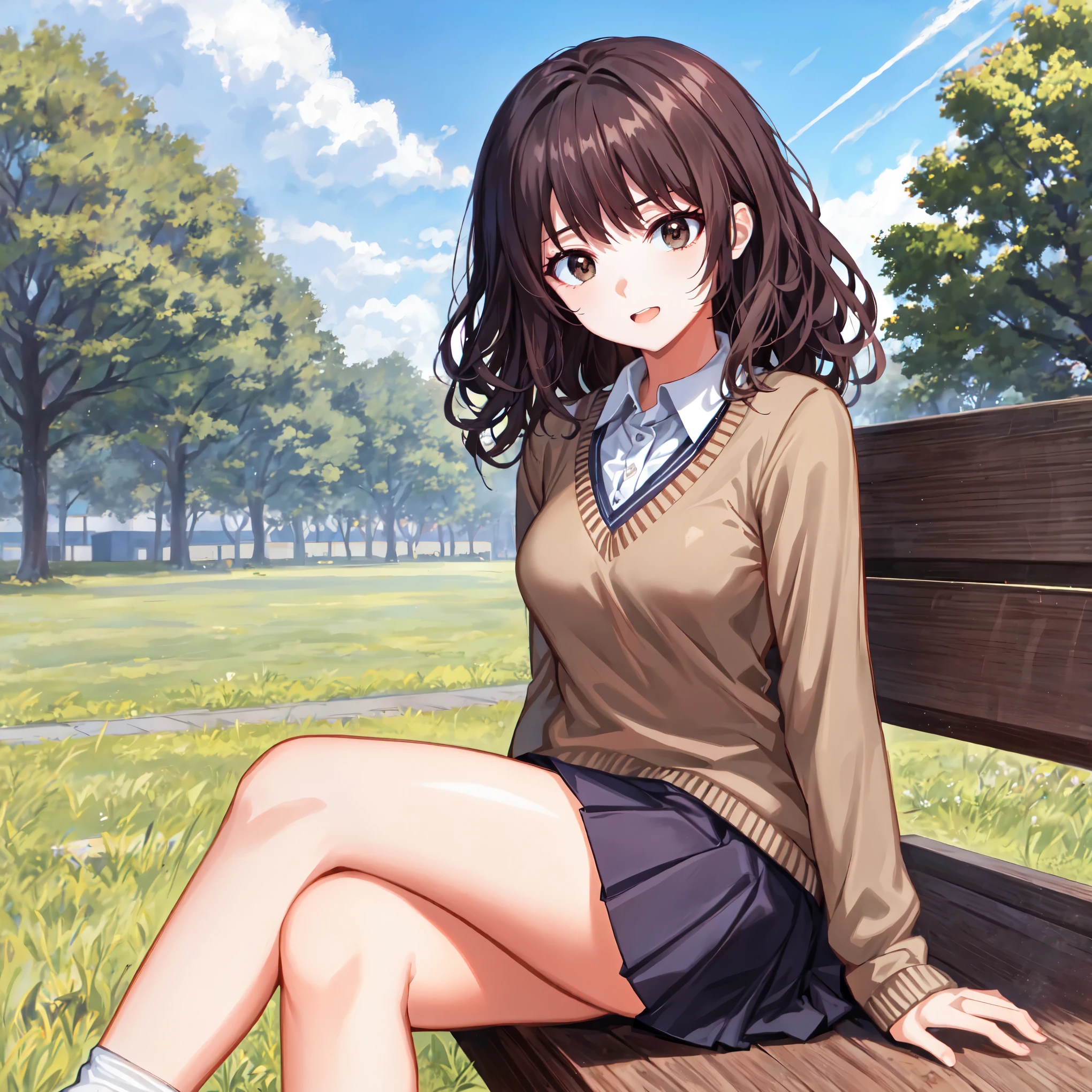 God Quality, perfect anatomy , 5Finger,high quality skin,detailed beautiful face,serious,expression eyes,perfect shading,pale colors,High quality backgrounds,School courtyard,park,cross one's legs,ankle socks,girl sitting on a bench,{{beautiful middle -sized breasts1:4}},beautiful eyes,brown special curls hair,grey eyes,school uniform,brown sweater,pleats mini skirt,thin eyebrows,looking at another