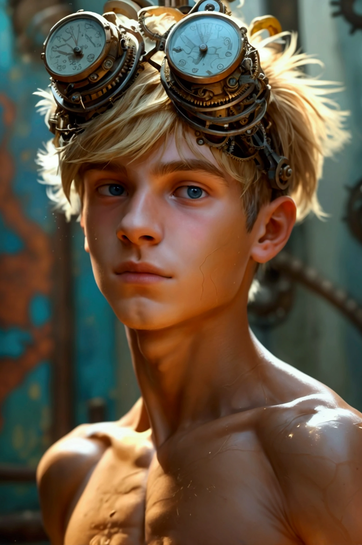 A photo of a young  male cute boyish imature shirtless 18yo teenager, Innocent face, innocent expression super skinny, blond, handsome, cute handsome boyish face,   wearing a super tight shorts hyperrealism photo. Full-body male focus. Focus on male cuteness.  Perfect anatomical proportions.(( Shirtless posing )) for his photograph in front of an intricately designed steampunk industrial building  with many intricate steampunk gadgets. Steampunk setting. Perfect face. Coal dust streaks on his bare chest and arms. (((Soft physique. Weak looking))) no shirt