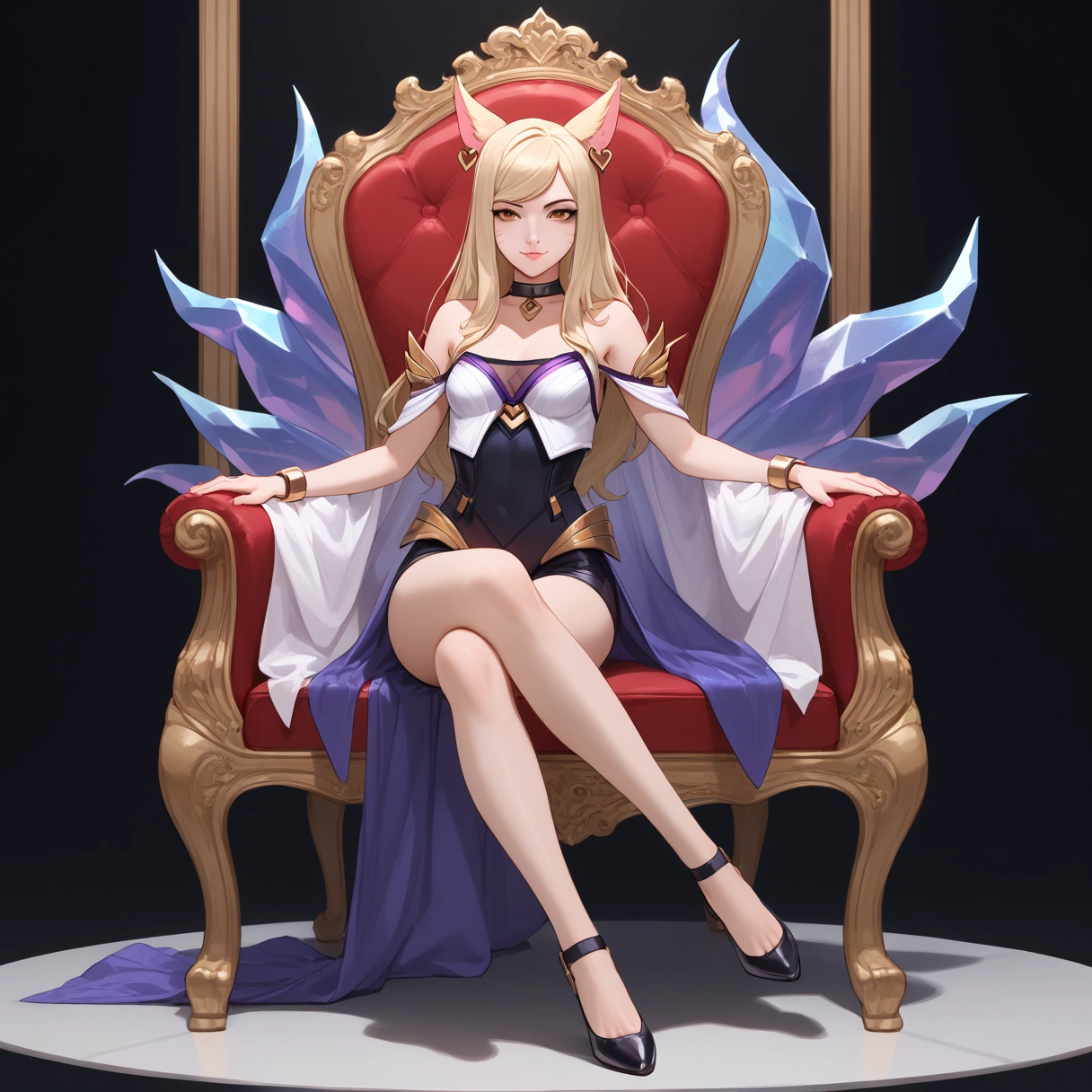 ((full body photo, standing, feet on the ground)) KDA Ahri LoL PD, masterpiece, best quality, (sitting on throne, legs crossed, showing feet, profile photo), highly detailed, score_9, score_8_up, score_7_up, score_6_up, anime font ,BREAK, 2girl, solo, long hair, blue eyes, flower, small breasts, bow, looking at viewer, freckles, parted lips, smile, full body, lips red, lips, leather ballet shoes, side photo, she looks at you, fishnets, white background, neutral cast
