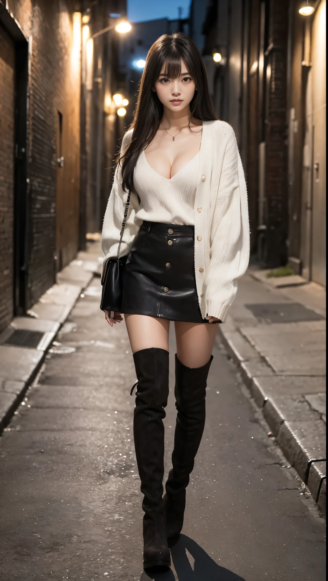 full body shot、Outdoor、masterpiece、 top quality、 high definition 、 realistic 、(In a dark back alley at night )、(誰も居ない暗い夜の裏路地で男性から逃げる黒いニーハイブーツと黒いミニスカートと white sweater を着た女性)、(A frightened 18-year-old beautiful girl)、(Beautiful woman with an anxious expression)、 a beautiful woman running away from a man approaching a back alley at night 、 long legs 、 Beautiful Legs 、 platform boots、Tall, thin and slim magazine model、 young and sexy gravure model 、 cleavage、 cleavageからブラジャーが見える、 looking at camera、Looking up、 long dark hair 、Black hair with a natural perm 、Long hair with bangs、(Black suede long boots up to the knee 、black wool miniskirt 、 white sweater )
