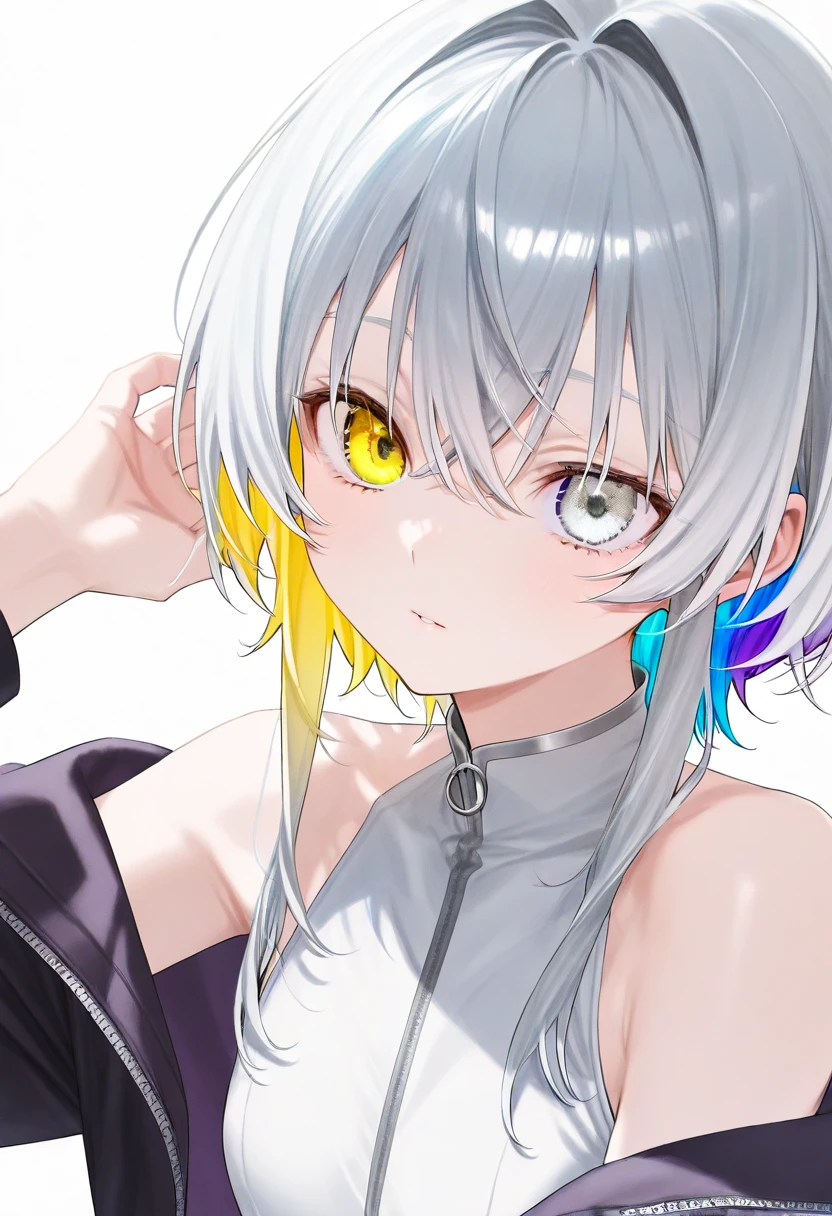  1 girl、 beautiful eyes、(( rainbow heterochromia、Silver Eyes、 golden eyes))、 Multi Colored Hair(( long、 Half Silver Hair 、Half Blonde ))、god秘的、god々Nice clothes