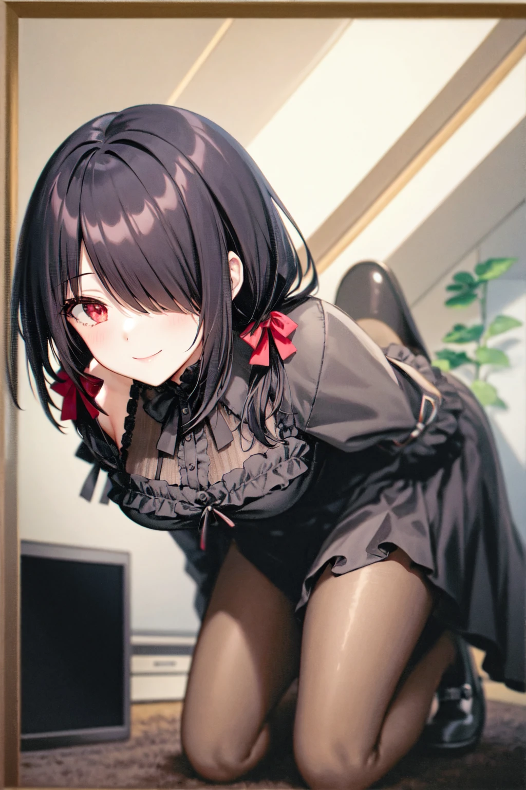(8K, Highest quality, masterpiece:1.2),\(eye\),(\(Garment Details\)\),高画質CG Unity 8K ファイルサイズが大きい,Very detailed,High resolution,美しいeye,Ray Tracing,Dramatic Shadows,finely,Hyper Detail,(1 girl:1.3),(alone)wear(Cosplay_,Very cute black and purple lingerie with frills,Short skirt),blush,Lewd face,((eyeに見えるパンティー)),((Black panties)),Knee socks,Two-dimensional woman,((Squat)),((Face forward and spread your legs wide)),((Raise your arms up and place them behind your head)),Lift your butt,Simple Background,Sweat a lot,Female masturbation,Show the whole body,Love juice,Revealing outfits,slender