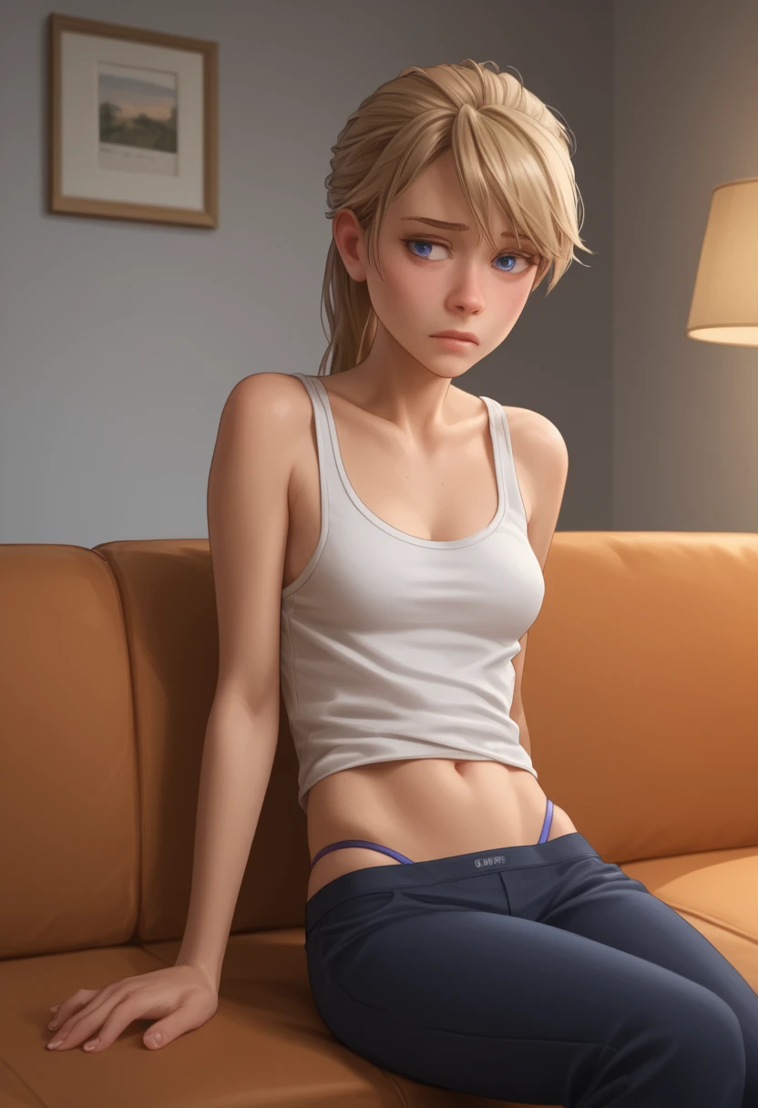 Source_cartoon, score_9, score_8_up, score_7_up, score_6_up, score_5_up, score_4_up, ri_ley2, 1 girl, ponytail, blond hair, sitting on sofa, living room, skinny, tank top, bare stomach, shy, thong, portrait, sitting on side, zPDXL, zPDXLxxx,