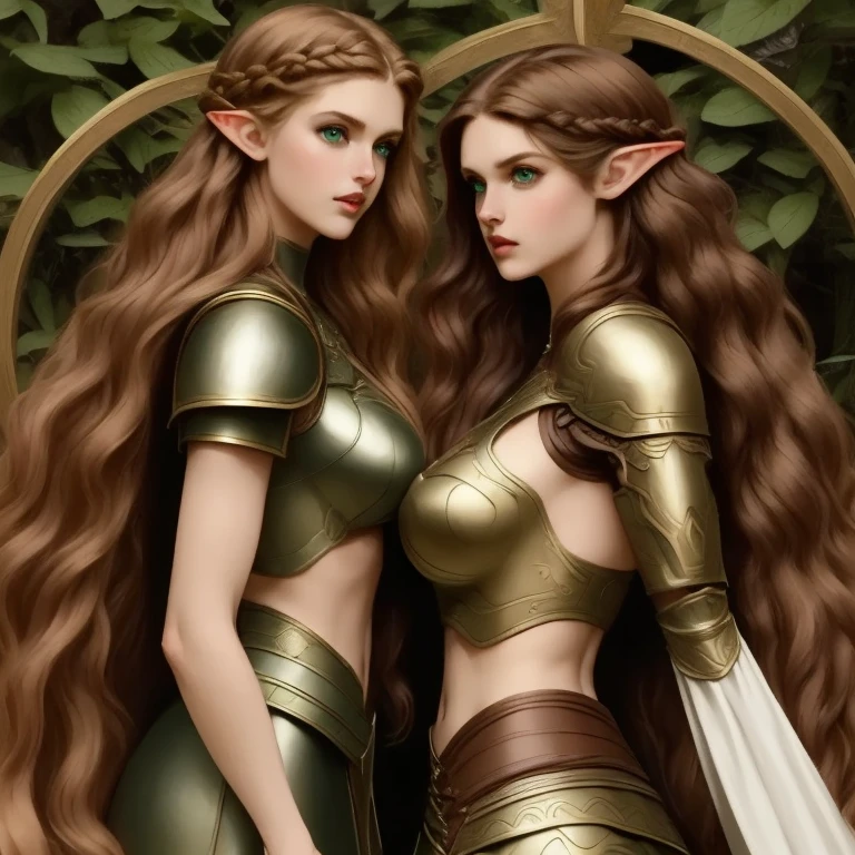 [1mulher,  , Matching clothes, ( fantasy character design , forehead, breasts, side, back) . Movable body , fine breasts.  forest green eyes .  flowing long brown hair, adorned with delicate braids, natural ornaments.  light leather armor , elven armor ,  quiver of arrows .