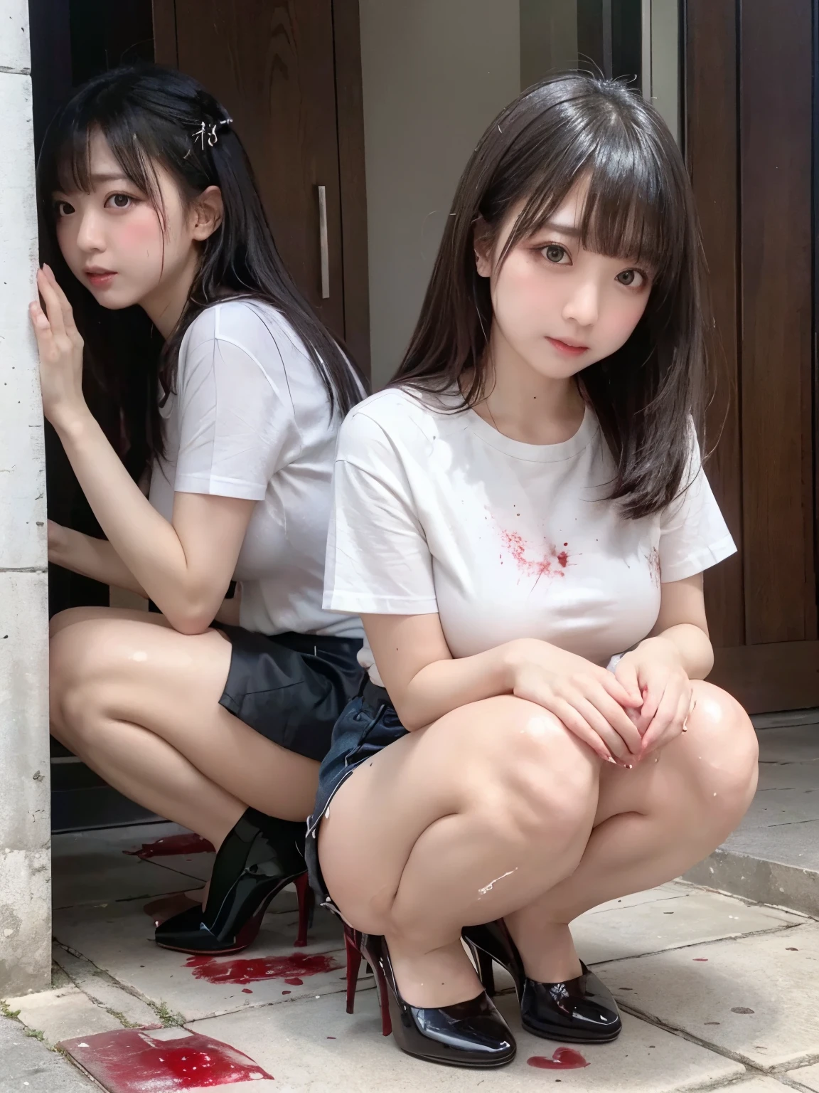 Arafed Asian girl, double eyelid, well designed hands, perfect legs, oppened legs, black high heels, gray hair, big ass, white shirt, plissed gray skirt, (the pubic area is visible), ((dripping menstrual blood)), squat, bottom view,