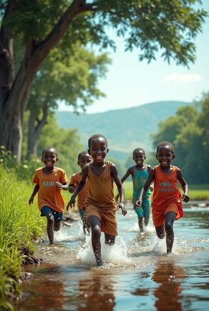 A realistic photo of African kids (mixed) playing under rain, perfect face features, perfect eyes, perfect body, smiling, hopeful, volumetric lighting, sun rays, detailed shadows, indoor, hasselblad X2D 100c, hasselblad XCD 80mm f/1.9 lens, depth of field, bikes, film grain, sharp focus, photorealistic, masterpiece, intricate details, high contrast, 8k, UHD, HDR, high-res, best lens, absurdres, award winning photography, best composition, rule of third, full body shoot.