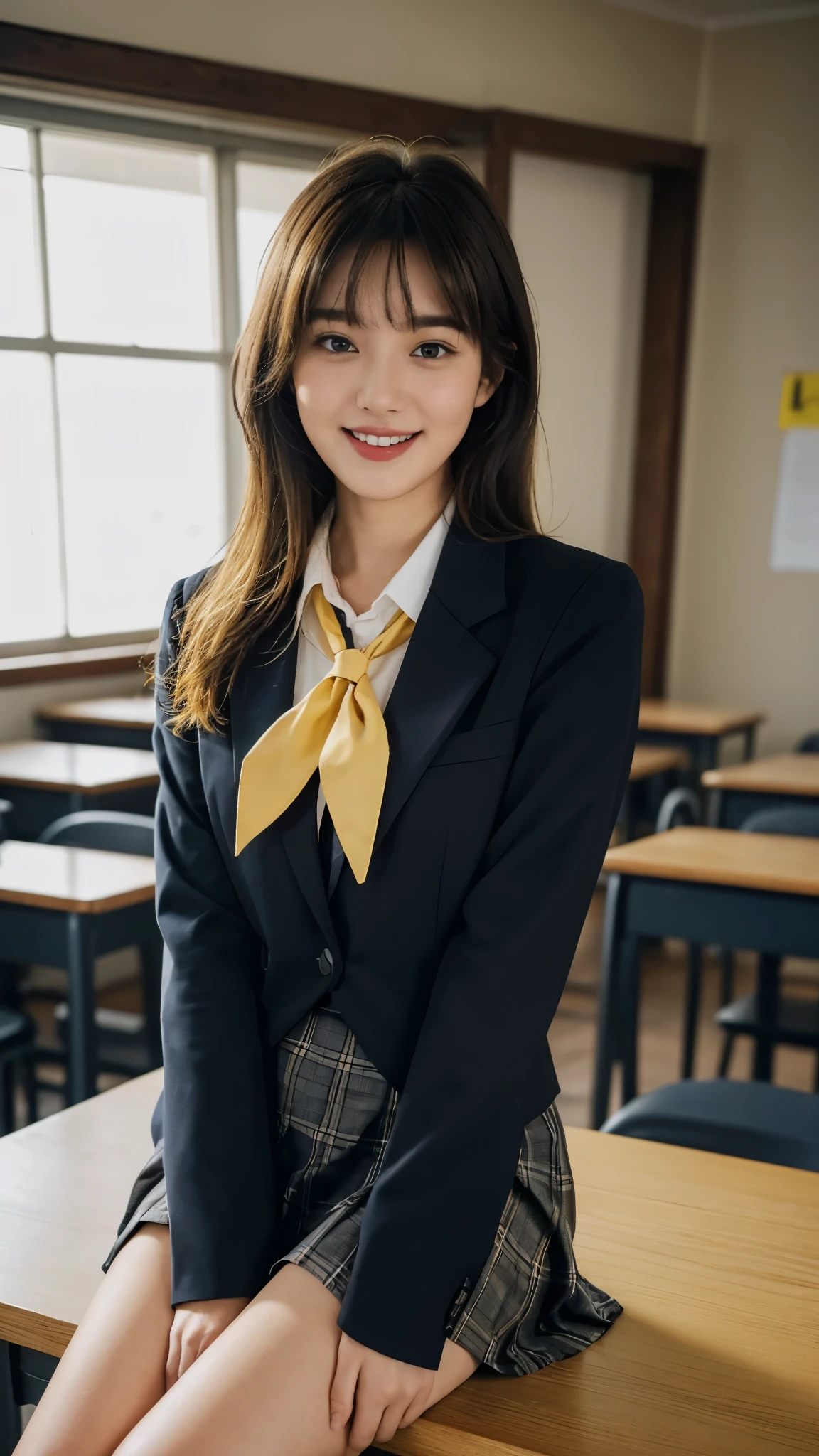 (Highest quality, 4K, 8k, High resolution, masterpiece, Genuine, Realistic, Realistic:1.3), (upper body), Girl sitting on the school desk in classroom, blue neckerchief Uniform, Dark Blown Blazer, blown plaid skirt, Gal Makeup, wearing white collared shirts, dark black pantyhose, ((yellow hair)), Gold Bracelets, 18-year-old, bangs, grin,Thighs, knees, From below, pinching skirt:0.7, open legs:0.8,