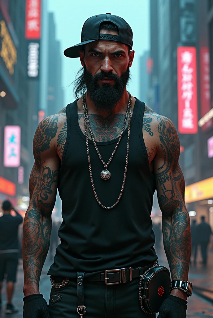 "Dark theme :: Closeup of face, Ultra realistic cyberpunk style muscular tattooed male with piercings and white hair (cornrows) and chin beard sitting :: cyberpunk way (grey eyes) :: cool cyber punk jacket neon eyes :: shirtless:: Afro-American :: natural lighting :: bokeh :: 8k :: Best Quality :: masterpiece :: Futuristic cityscape background"