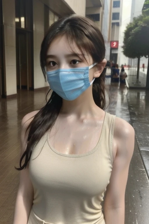 ((highest quality, 8k, masterpiece, Portraiture: 1.3)), (Watching the audience), Distant viewt,(((mask))) 1 person,forehead、White collared tank top, sheer micro Skirt,((Flat chest)),in street,rainy day,(sweating hair:1.5),(sweating tanktop:1.5),sweating face:1.5,Good posture,15years old,

