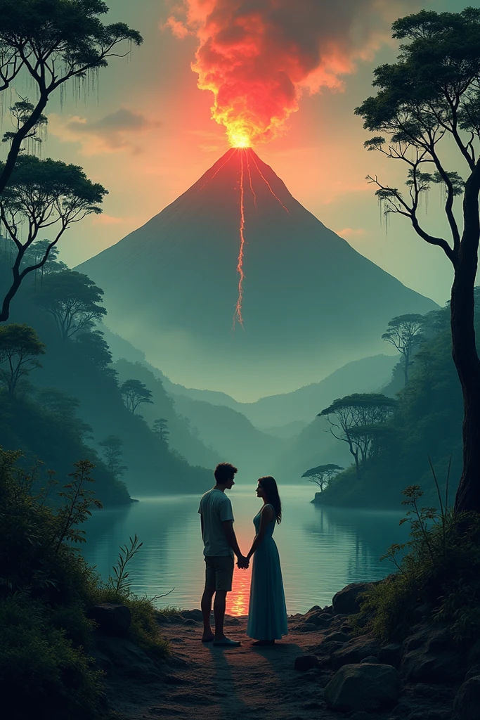 The silhouette of a man and a woman sitting on the edge of a waterfall at a natural viewpoint, starry sky, and far away on the horizon a volcano in the middle of the dense forest