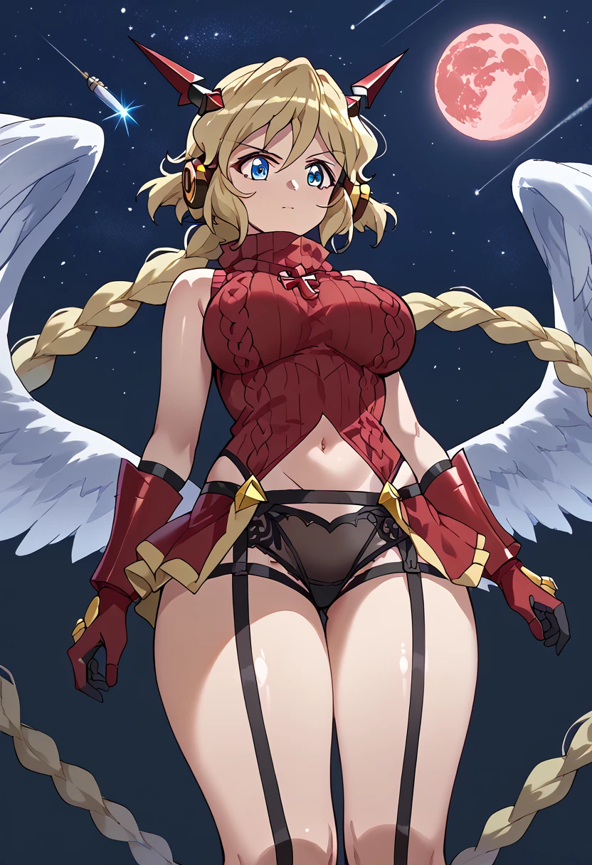 carolcasual,1 girl, blonde hair, braid, mole, blue eyes, shiny hair,ponytail,A dignified face、 serious eyes、uniform,(gloves,double gold horn headphones, black scarf,Crimson gauntlets,(navel cutout),long hair, hugebreast,very long hair, blackturtleneck ,赤紫turtleneck sweater, thick thighs, Crimson sweater,black garter belt), symphogear, (Angel Wings, low wings,「red wings」, big wings、Wings on the waist )、growing up、(Big Breasts、 Tall、 nice buddy 、 slender 、 finished body )、Levitation、( spread your wings wide、 cross your arms、Align your feet、Looking down、Floating)、 starry sky 、(blood moon, shooting stars), perfect finger、 perfect face、Photograph the whole body、 from before、 from the side、 from above